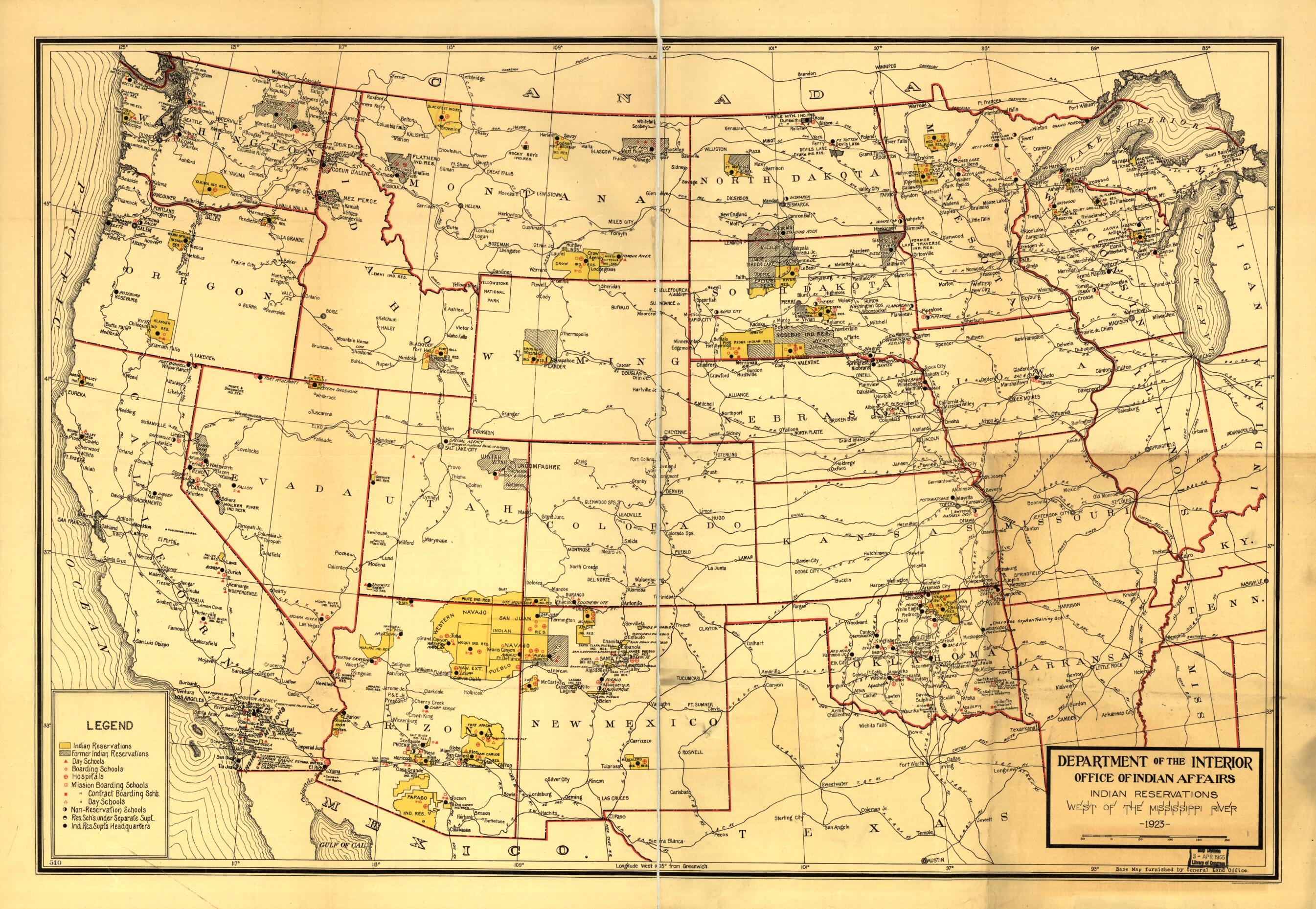 This old map of Indian Reservations West of the Mississippi River from 1923 was created by United States. Office of Indian Affairs in 1923