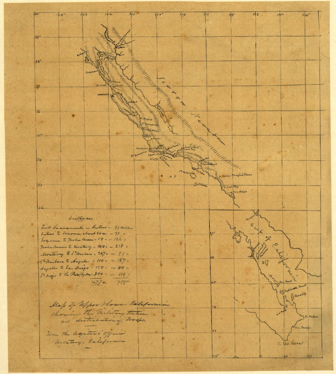 This old map of Map of Upper & Lower California Showing the Military Stations and Distribution of Troops from 1847 was created by Joseph Goldsborough Bruff in 1847