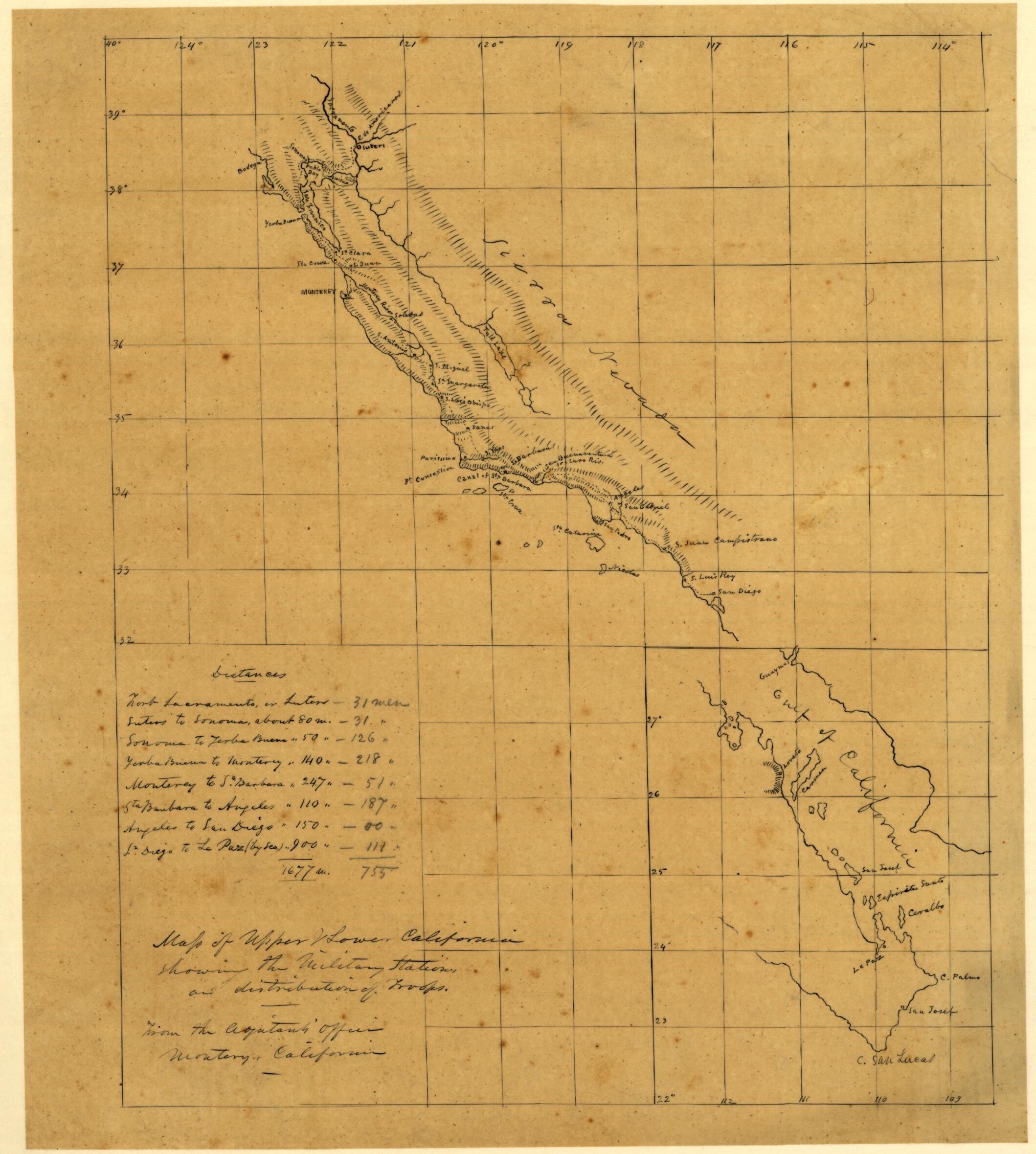 This old map of Map of Upper & Lower California Showing the Military Stations and Distribution of Troops from 1847 was created by Joseph Goldsborough Bruff in 1847