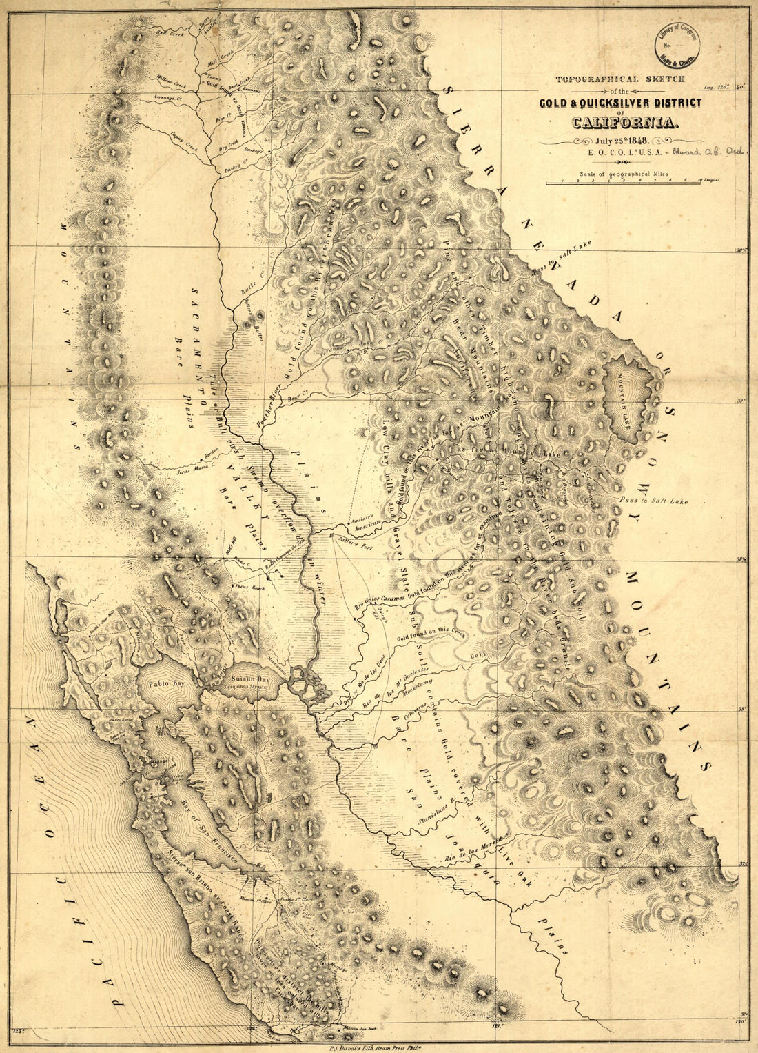 This old map of Topographical Sketch of the Gold & Quicksilver District of California from 1848 was created by Edward Otho Cresap Ord in 1848