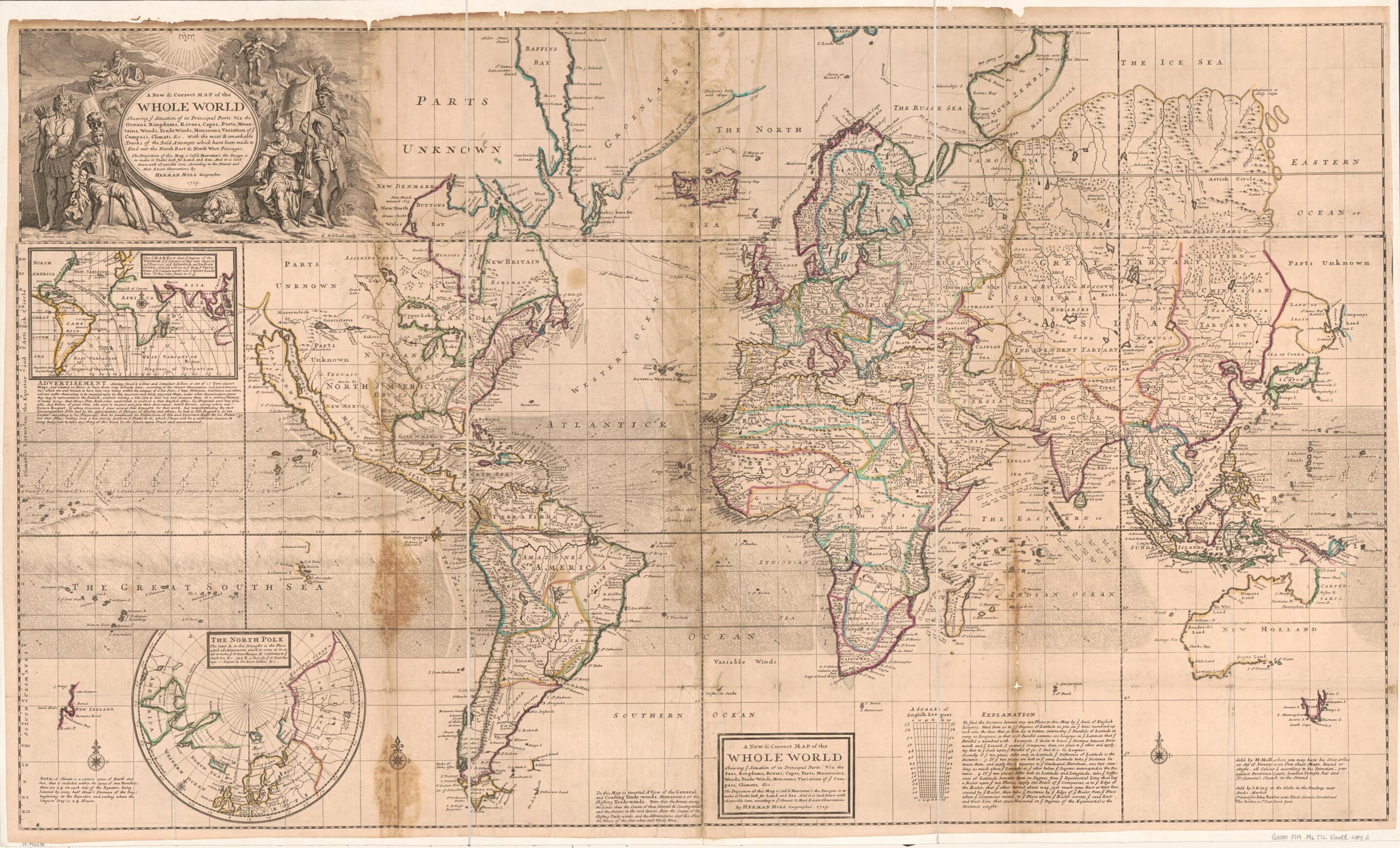 This old map of A New & Correct Map of the Whole World from 1719 was created by Herman Moll in 1719