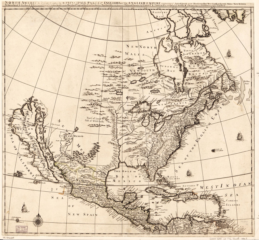 This old map of North America Divided Into Its III Principall sic Parts from 1685 was created by Philip Lea in 1685