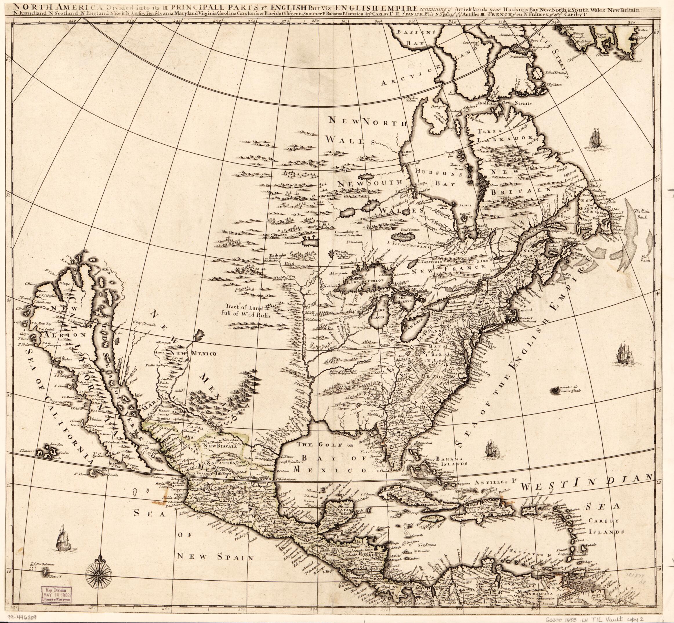 This old map of North America Divided Into Its III Principall sic Parts from 1685 was created by Philip Lea in 1685