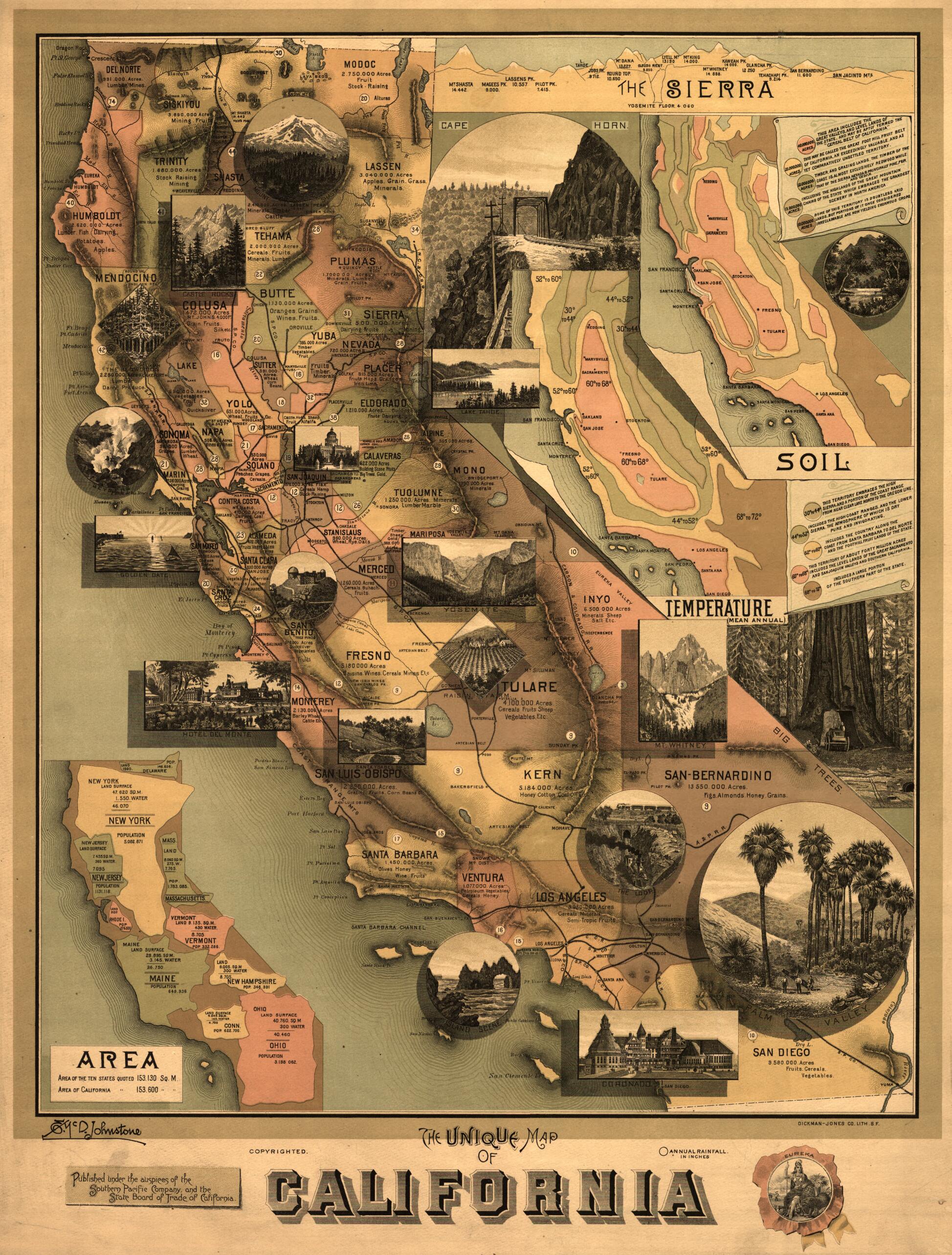 This old map of The Unique Map of California from 1888 was created by Jones Co.lith, E. MCD Johnstone in 1888