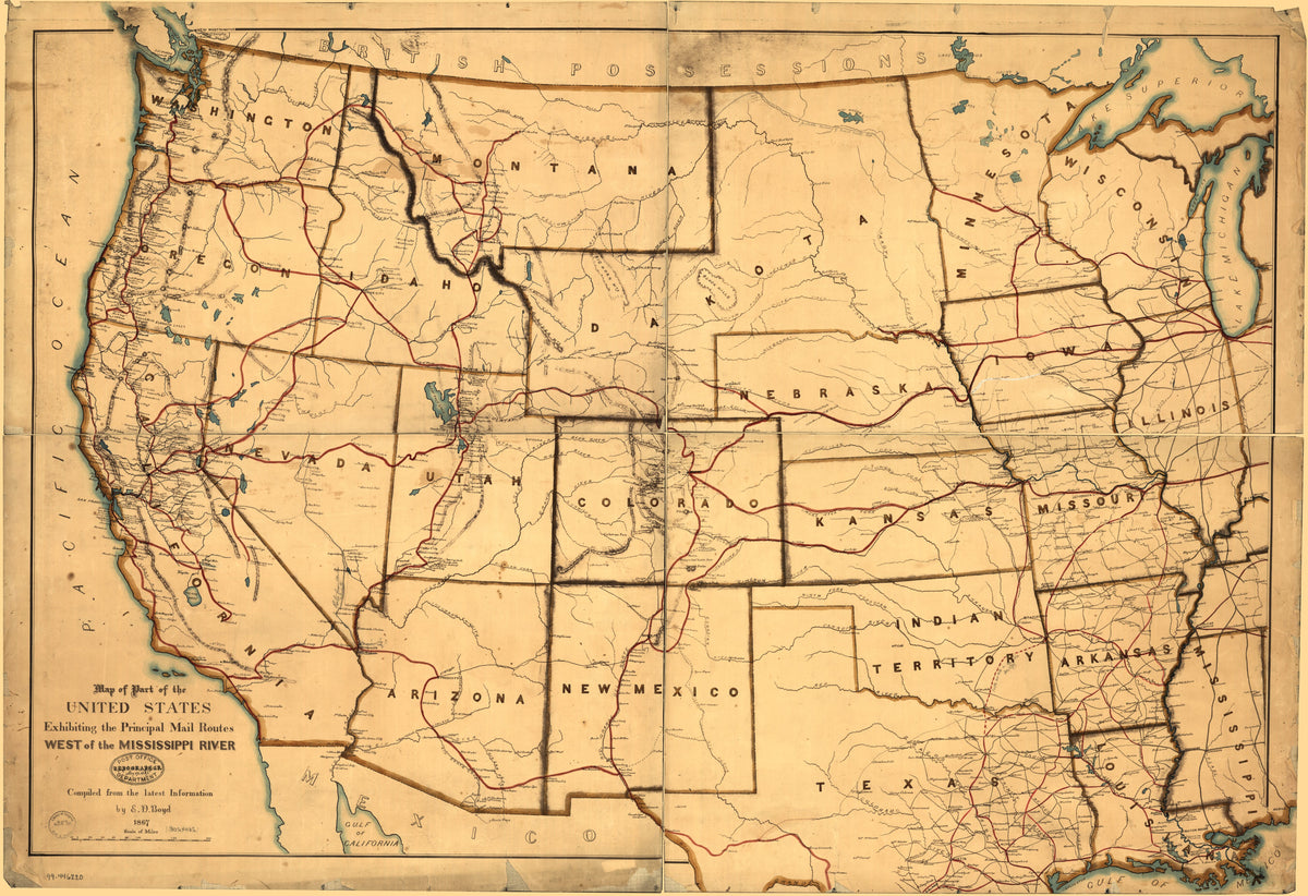 Map of Part of the United States Exhibiting the Principal Mail Routes West of the Mississippi River in 1867 by Relic Map Company