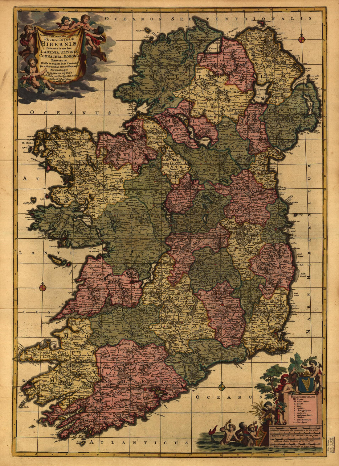 This old map of Novissima Ac Prae Caeteris Aliis Accuratissima Regni Et Insulae Hiberniae Delineatio In Qua Sont Lagenia, Ultonia, Connachia Et Momonia Provenciae : Divisae In Triginta Duos Comitatus Qui Et Sunt Divisis In Omnes Subjacentes Baronnatus (R