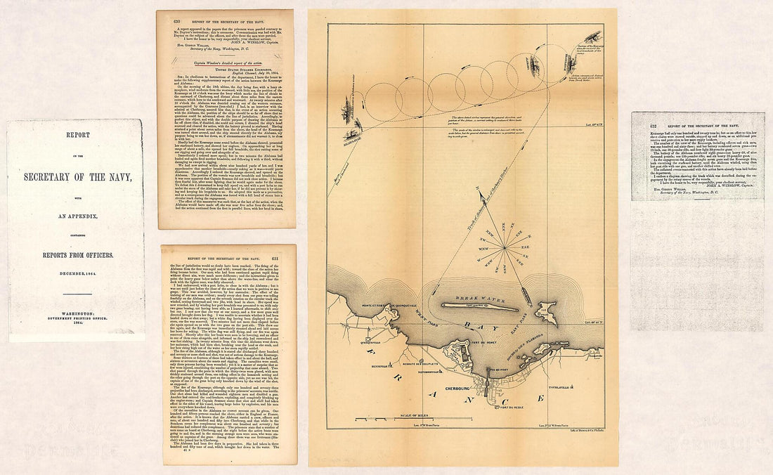 This old map of Map of the Defeat of the Confederate Ship Alabama by the U.S. Steamer Kearsarge On June 19, from 1864, Off Cherbourg, France was created by United States. Navy in 1864