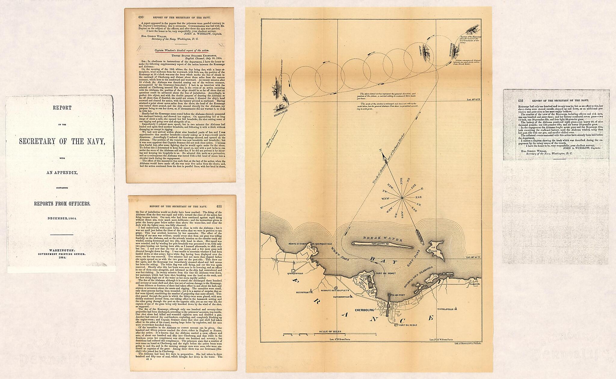 This old map of Map of the Defeat of the Confederate Ship Alabama by the U.S. Steamer Kearsarge On June 19, from 1864, Off Cherbourg, France was created by United States. Navy in 1864