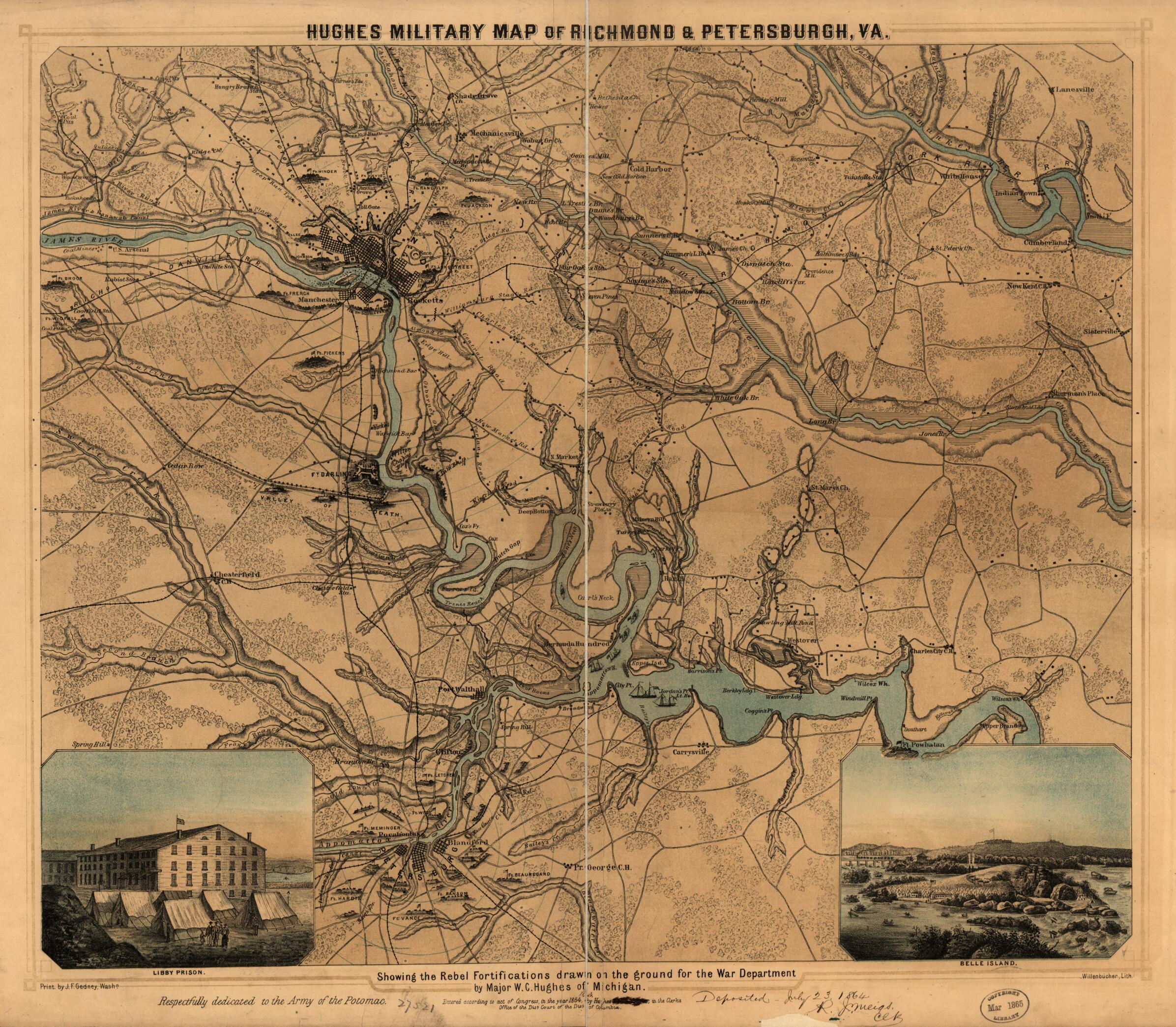 This old map of Hughes Military Map of Richmond & Petersburgh sic, Va. Showing the Rebel Fortifications Drawn On the Ground for the War Department by Major W. C. Hughes of Michigan from 1864 was created by William C. Hughes in 1864