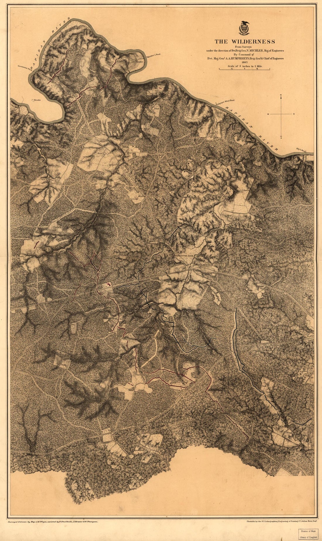 This old map of The Wilderness 1864 from 1867 was created by N. (Nathaniel) Michler in 1867