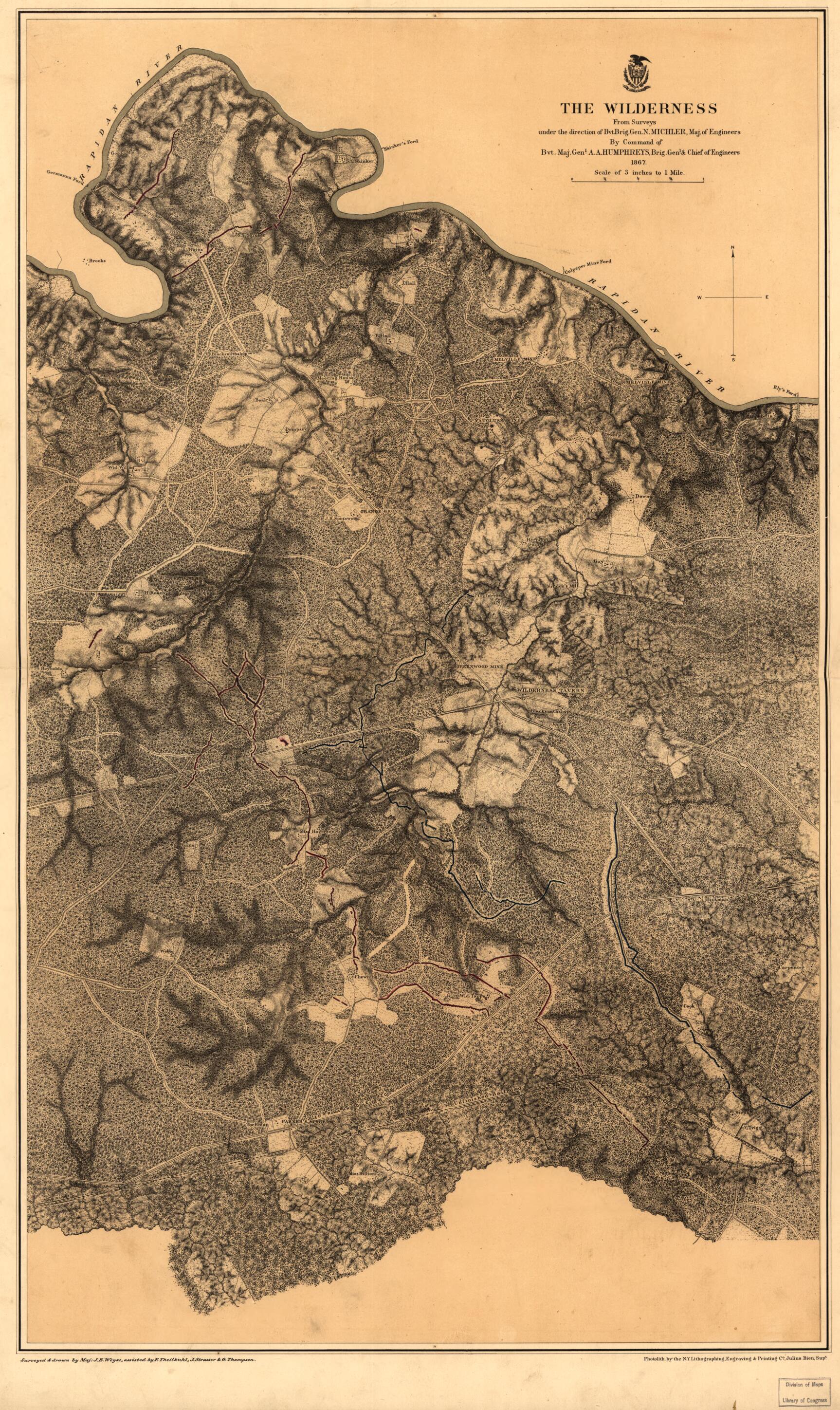 This old map of The Wilderness 1864 from 1867 was created by N. (Nathaniel) Michler in 1867