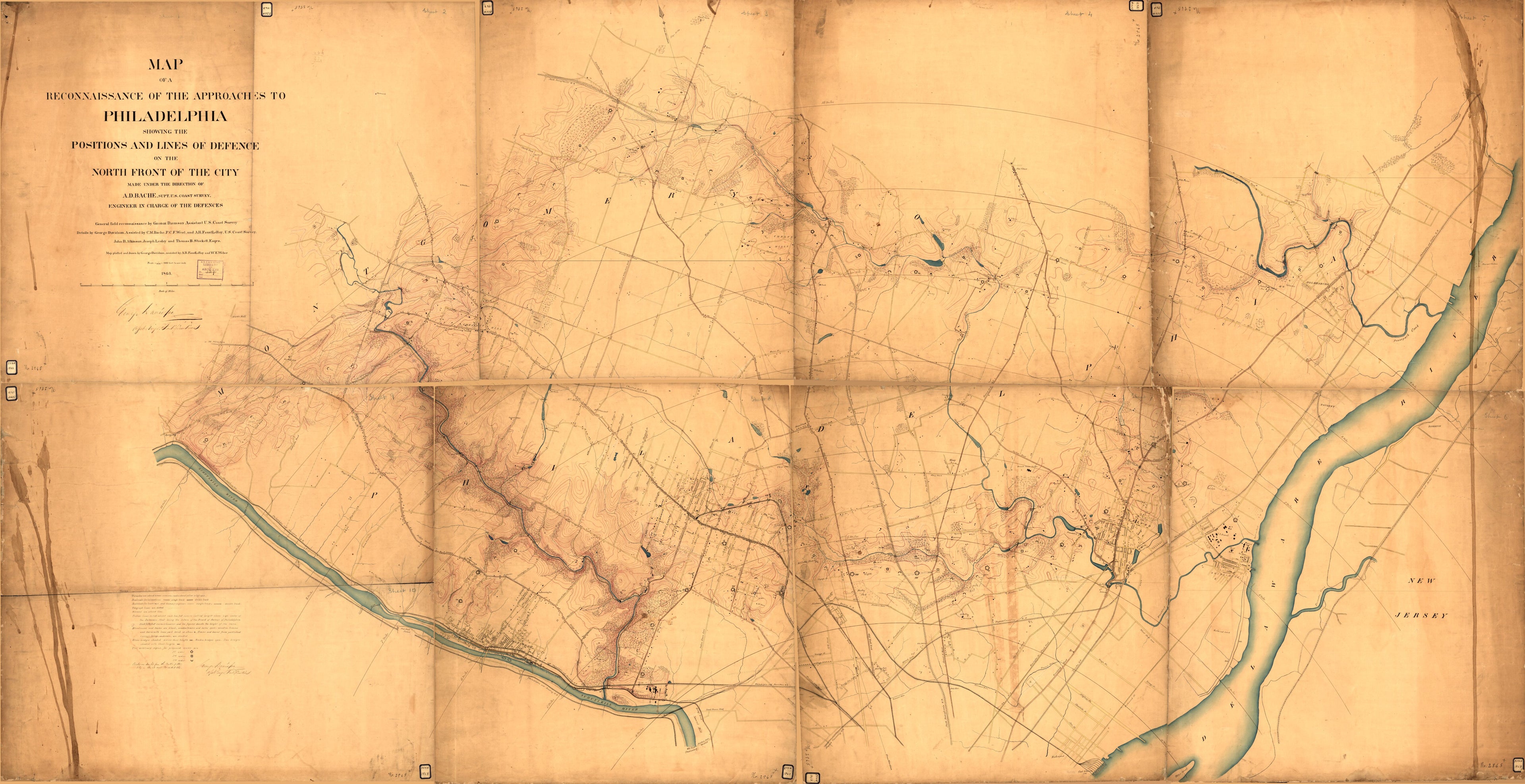 This old map of Map of a Reconnaissance of the Approaches to Philadelphia Showing the Positions and Lines of Defence On the North Front of the City from 1863 was created by A. D. (Alexander Dallas) Bache, George Davidson, United States Coast Survey in 1