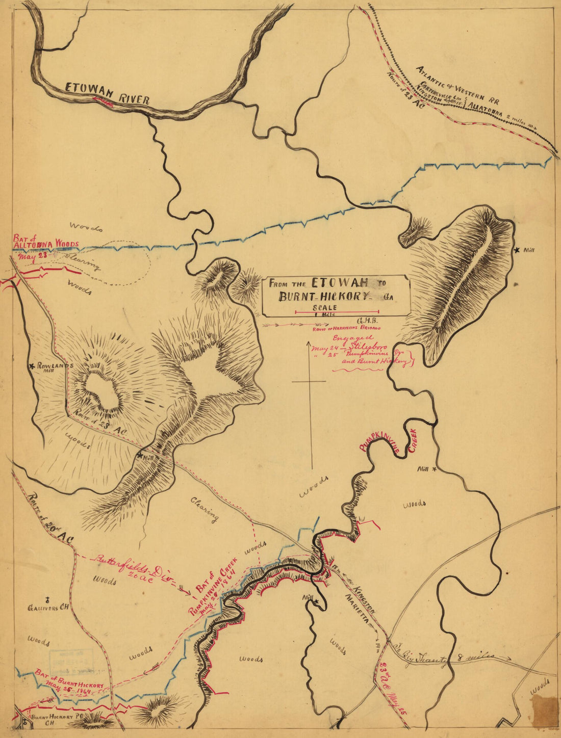 This old map of Hickory, Georgia from 1864 was created by G. H. Blakeslee in 1864