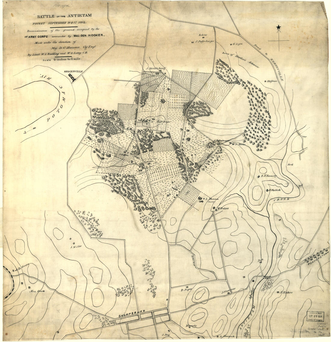 This old map of Battle of the Antietam Fought September 16 & 17, from 1862 was created by W. S. Long, Washington A. Roebling in 1862
