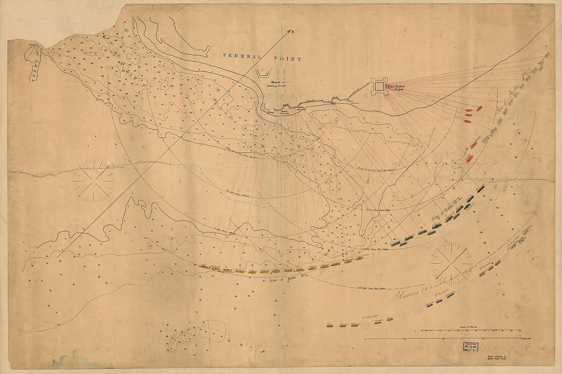 This old map of Fort Fisher, Defensive Work Protecting the Entrance to the Port of Wilmington, North Carolina, Captured by the Federals, Jan. 15, from 1865 was created by in 1865