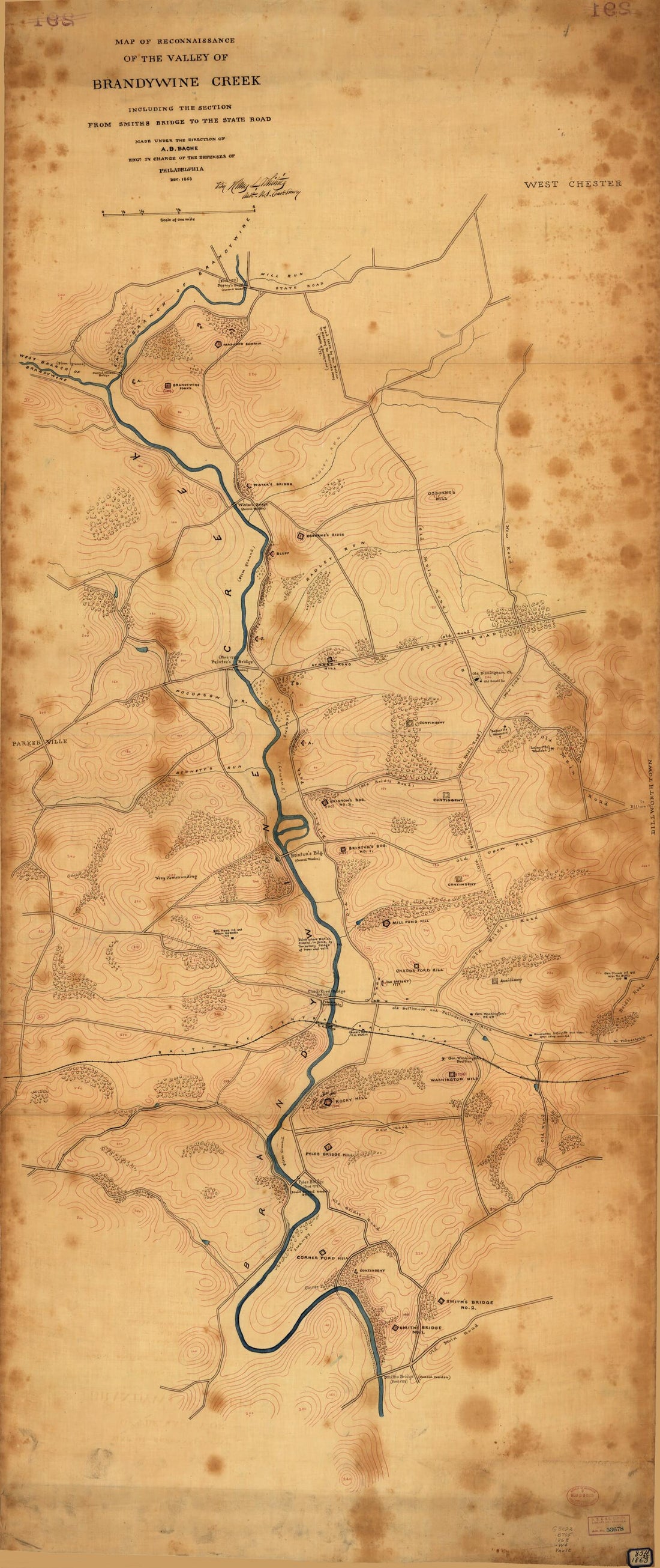 This old map of Map of Reconnaissance of the Valley of Brandywine Creek : Including the Section from Smiths Bridge to the State Road from 1863 was created by A. D. (Alexander Dallas) Bache, United States Coast Survey, Henry L. Whiting in 1863