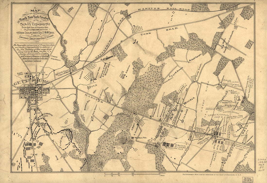 This old map of Map Showing the Positions Occupied by the Tenth New York Cavalry In the Cavalry Engagements On the Right Flank at Gettysburg, Pennsylvania : On July 2 & 3, from 1863, Between the Union Cavalry Under Gen. D. McM. Gregg and the Confederate