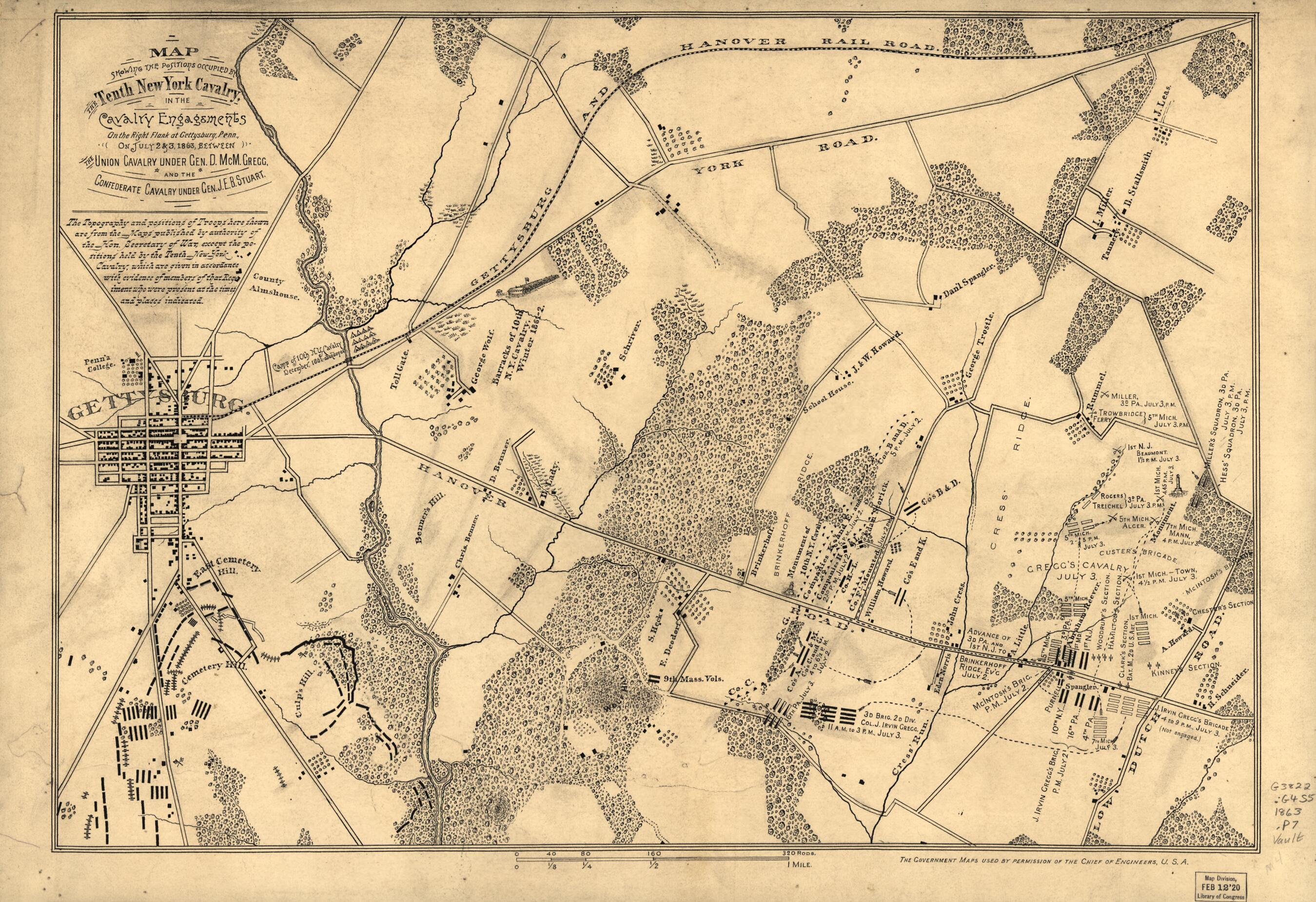 This old map of Map Showing the Positions Occupied by the Tenth New York Cavalry In the Cavalry Engagements On the Right Flank at Gettysburg, Pennsylvania : On July 2 & 3, from 1863, Between the Union Cavalry Under Gen. D. McM. Gregg and the Confederate