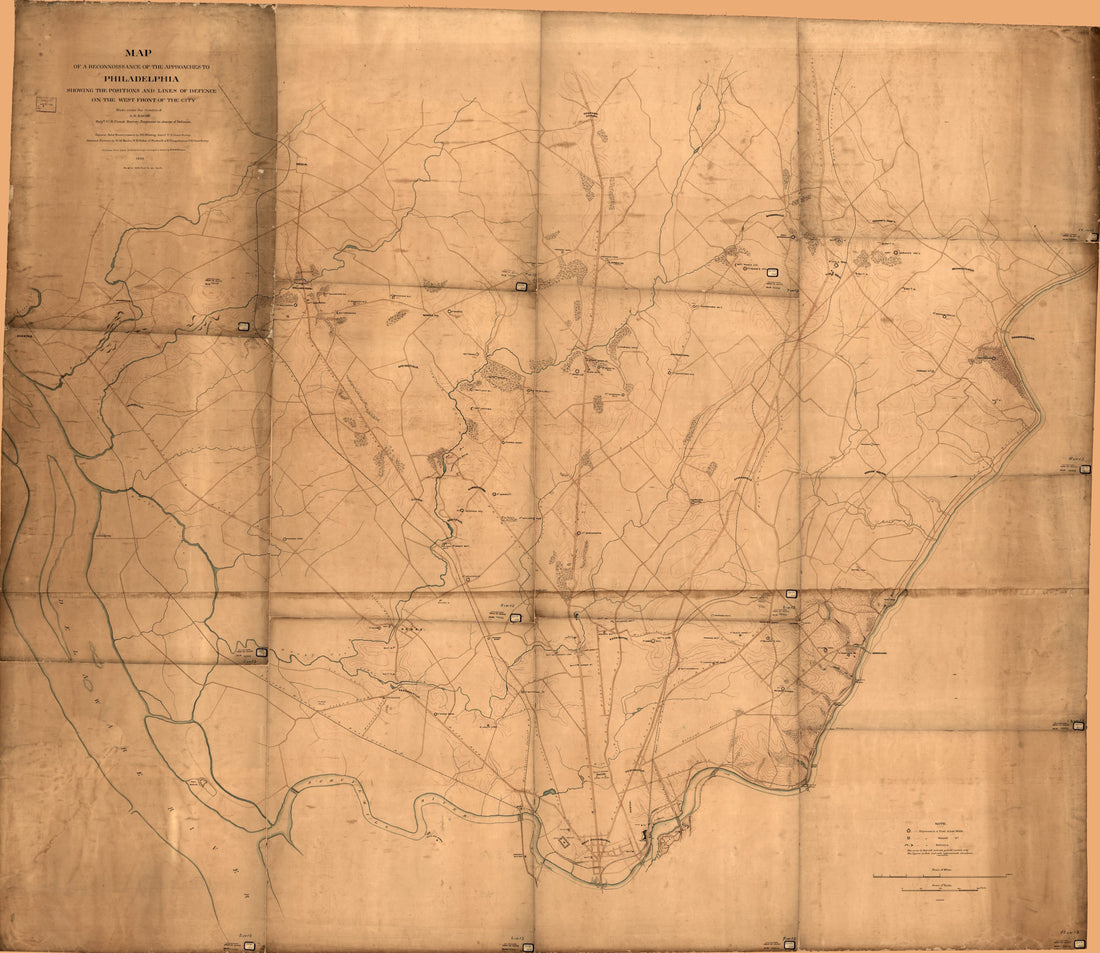 This old map of Map of a Reconnoissance sic of the Approaches to Philadelphia Showing the Positions and Lines of Defence On the West Front of the City from 1863 was created by A. D. (Alexander Dallas) Bache, United States Coast Survey, Henry L. Whiting