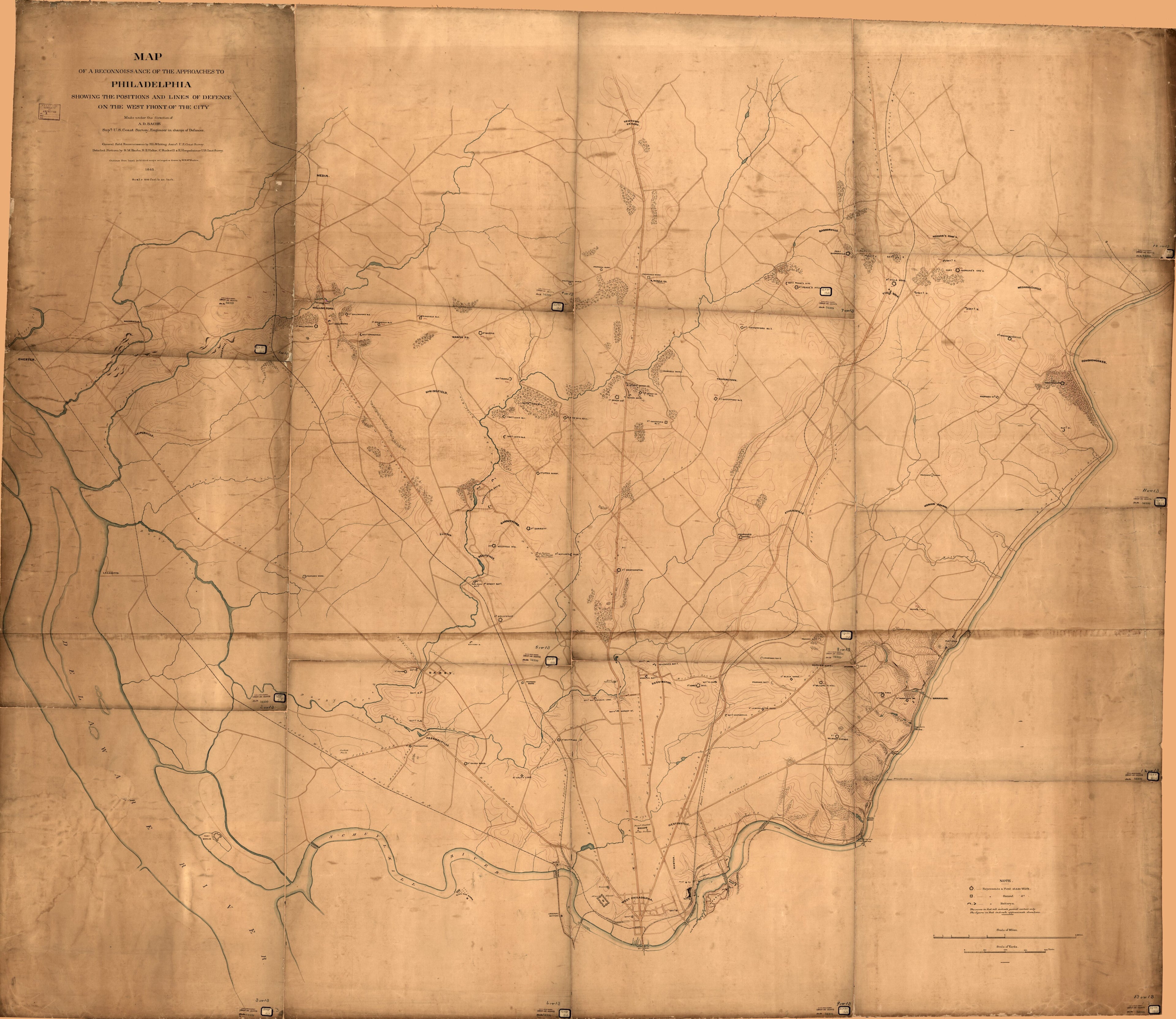 This old map of Map of a Reconnoissance sic of the Approaches to Philadelphia Showing the Positions and Lines of Defence On the West Front of the City from 1863 was created by A. D. (Alexander Dallas) Bache, United States Coast Survey, Henry L. Whiting