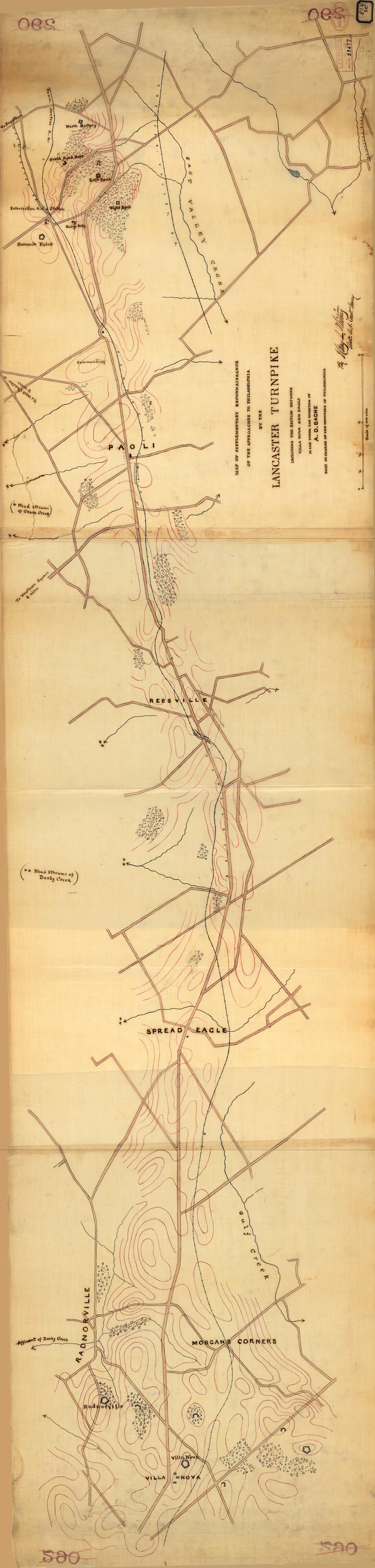 This old map of Map of Supplementary Reconnaissance of the Approaches to Philadelphia by the Lancaster Turnpike : Including the Section Between Villa Nova and Paoli from 1863 was created by A. D. (Alexander Dallas) Bache, United States Coast Survey, Hen