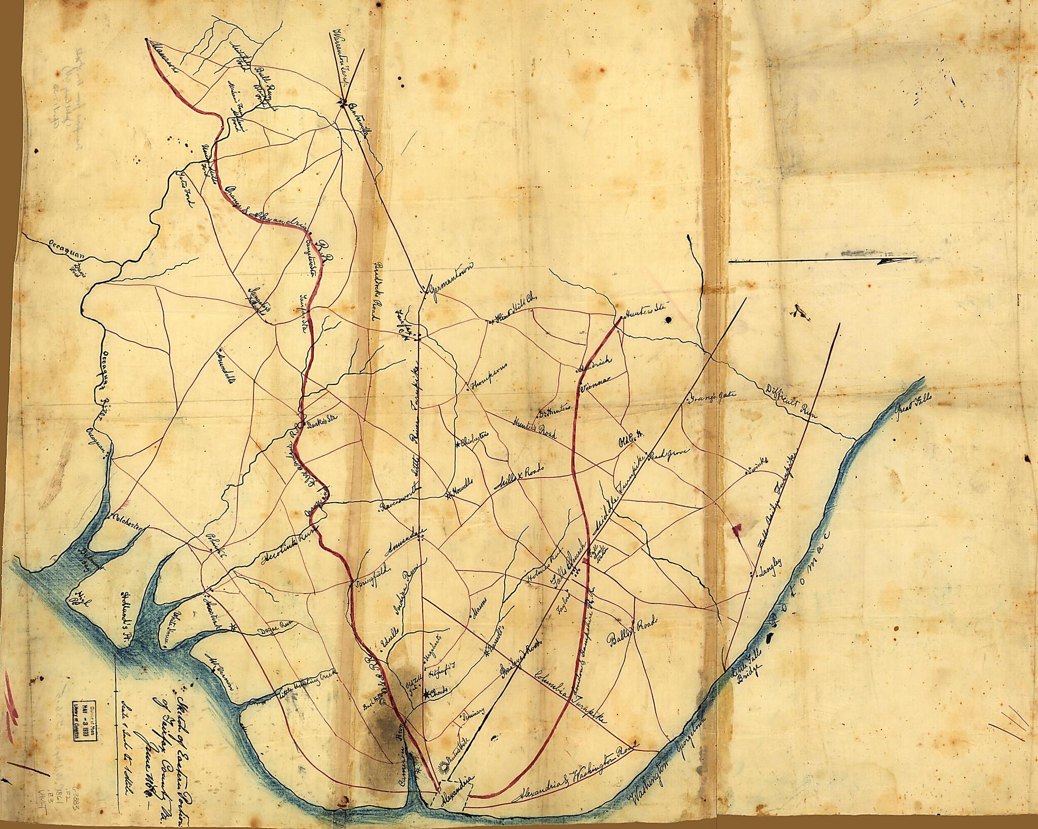 This old map of Sketch of Eastern Portion of Fairfax County, Va., June from 1861 was created by Jubal Anderson Early in 1861
