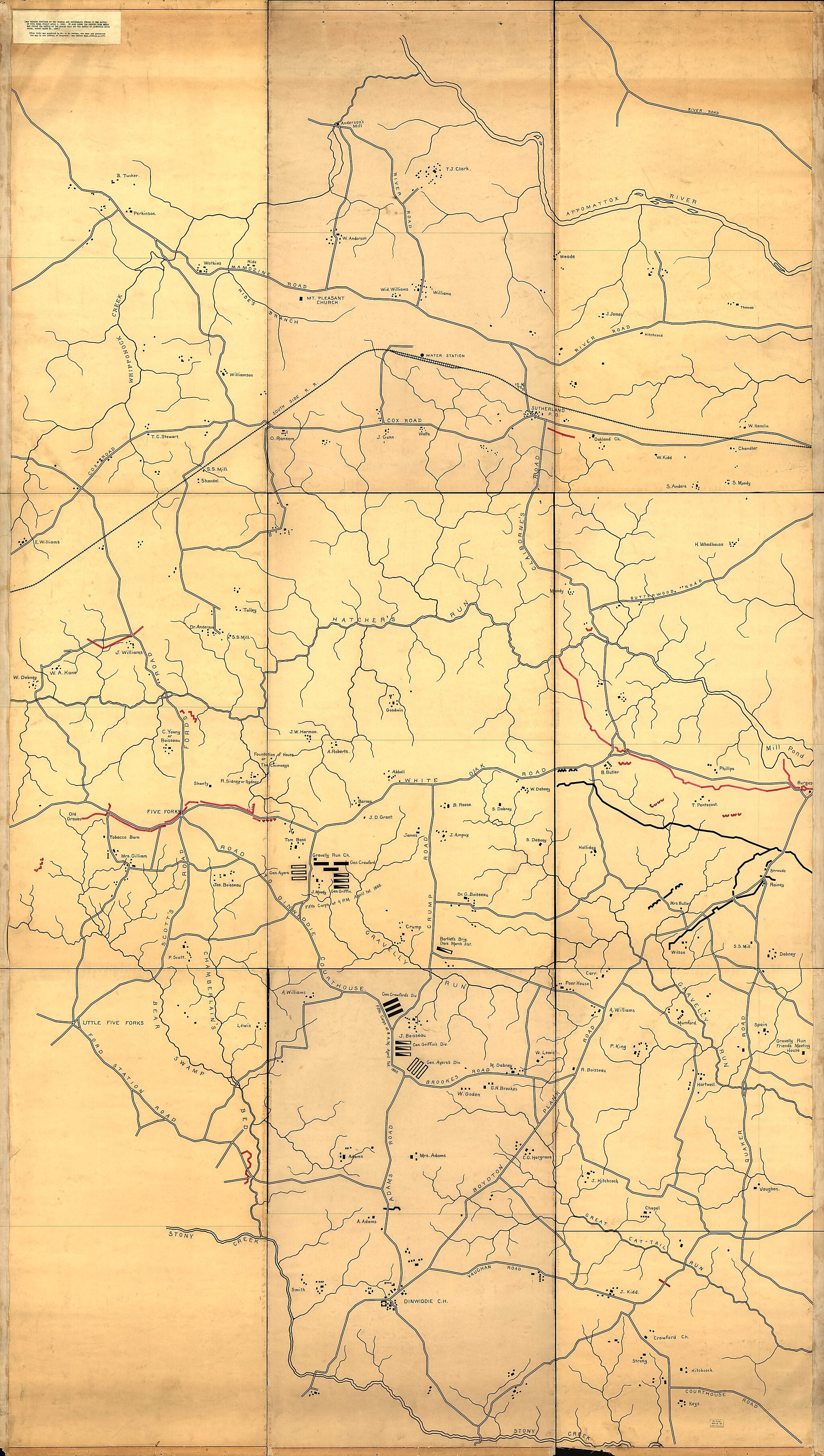 This old map of Map Showing Portions of the Federal and Confederate Forces at the Battle of Five Forks, Fought April 1, from 1865 : It Also Shows the Country Over Which Was Fought the Battle of Quaker Road and the Battle of Dinwiddie Court House, Fought