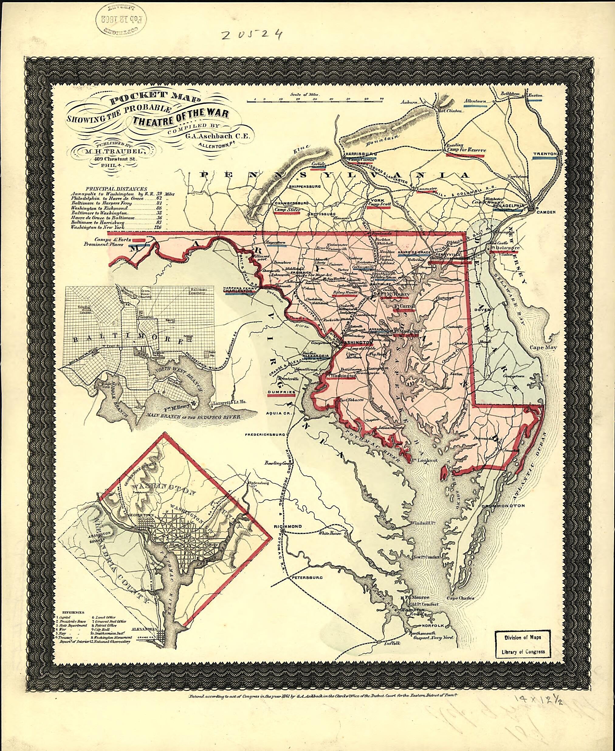 This old map of Pocket Map Showing the Probable Theatre of the War from 1861 was created by G. A. Aschbach in 1861