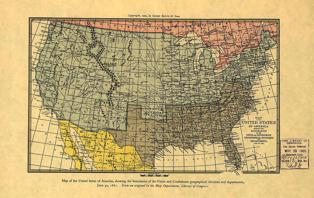 This old map of Map of the United States of America Showing the Boundaries of the Union and Confederate Geographical Divisions and Departments, June 30, 1861 from 1905 was created by George Barrie and Sons in 1905