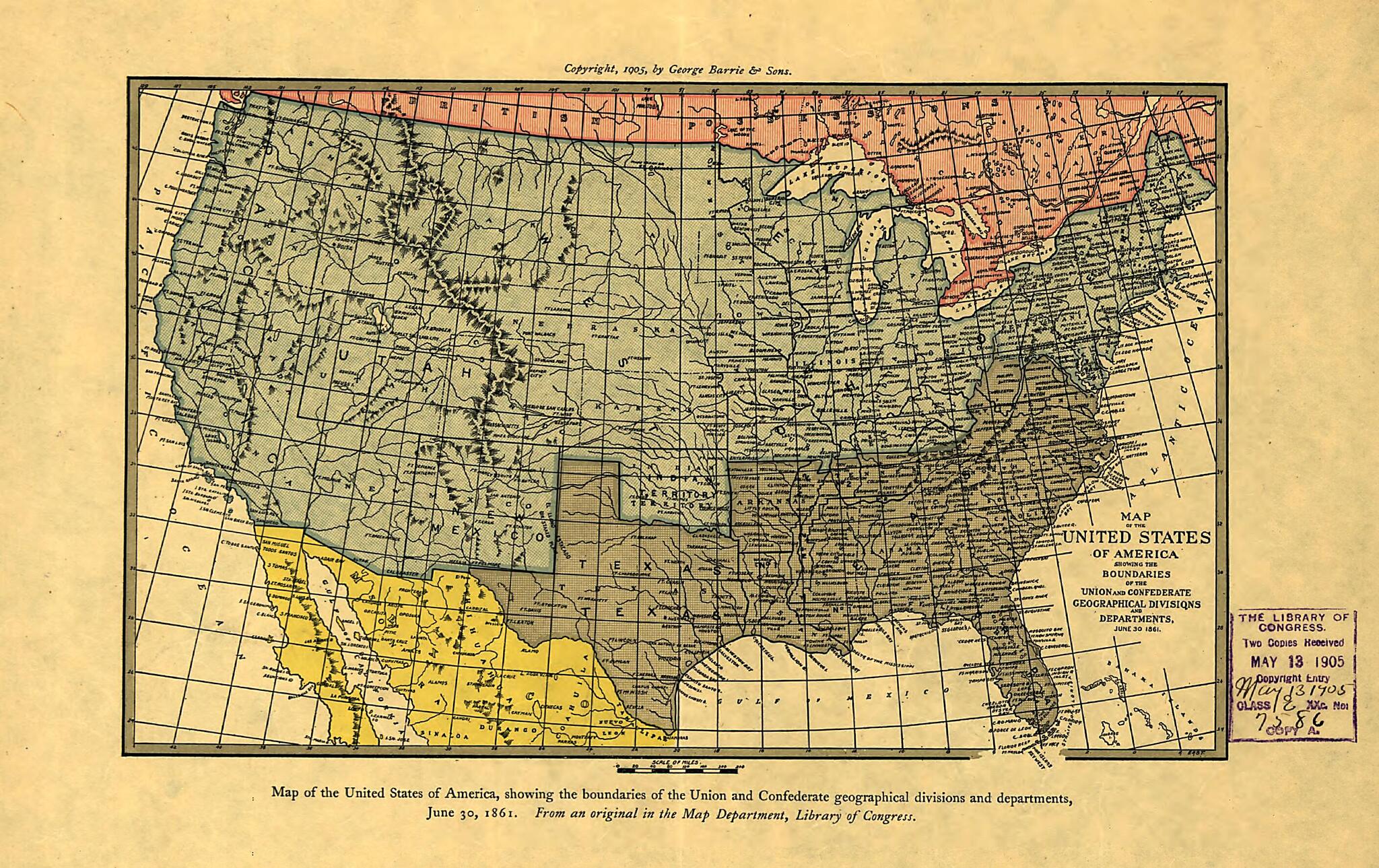 This old map of Map of the United States of America Showing the Boundaries of the Union and Confederate Geographical Divisions and Departments, June 30, 1861 from 1905 was created by George Barrie and Sons in 1905