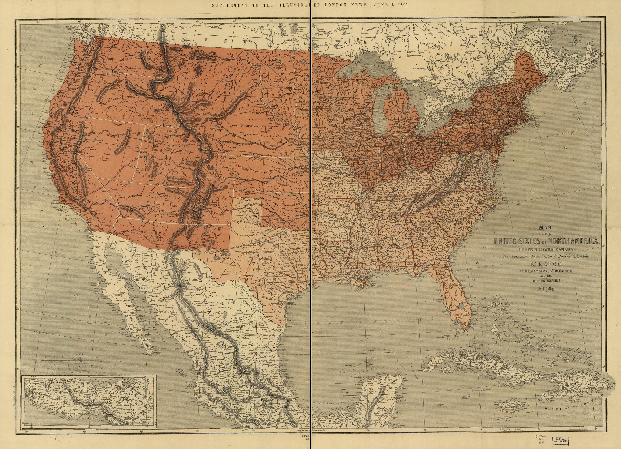 This old map of Map of the United States of North America, Upper & Lower Canada, New Brunswick, Nova Scotia & British Columbia. Mexico, Cuba, Jamaica, St. Domingo and the Bahama Islands from 1861 was created by Theodor Ettling in 1861