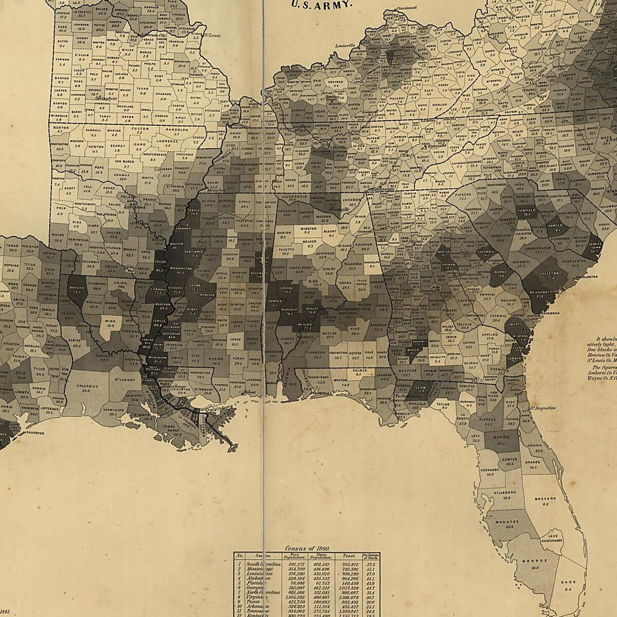 This old map of Map Showing the Distribution of the Slave Population of the Southern States of the United States. Compiled from the Census of 1860 from 1861 was created by E. (Edwin) Hergesheimer in 1861