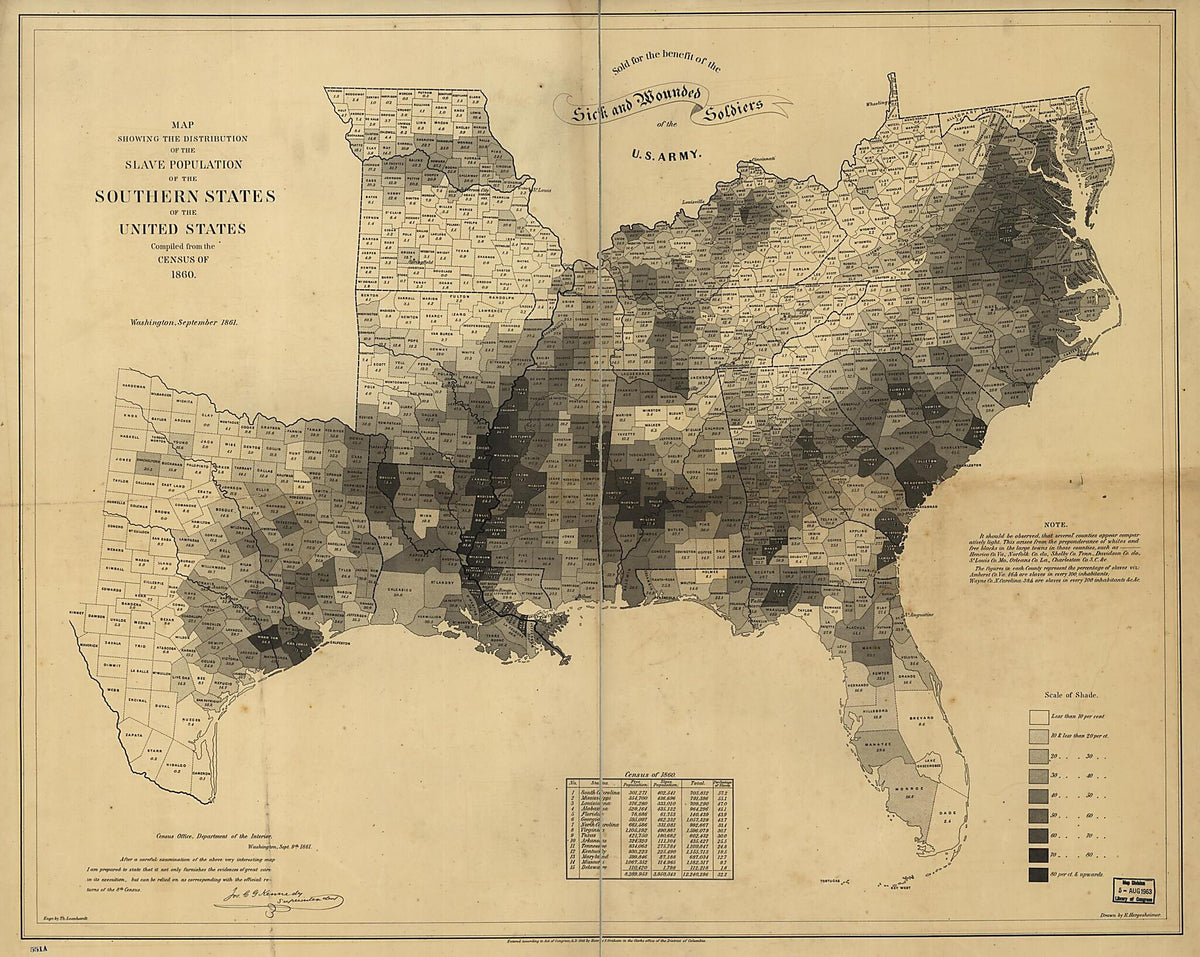 Map Showing the Distribution of the Slave Population of the Southern States of the United States. Compiled from the Census of 1860 1861 by Relic Map Company