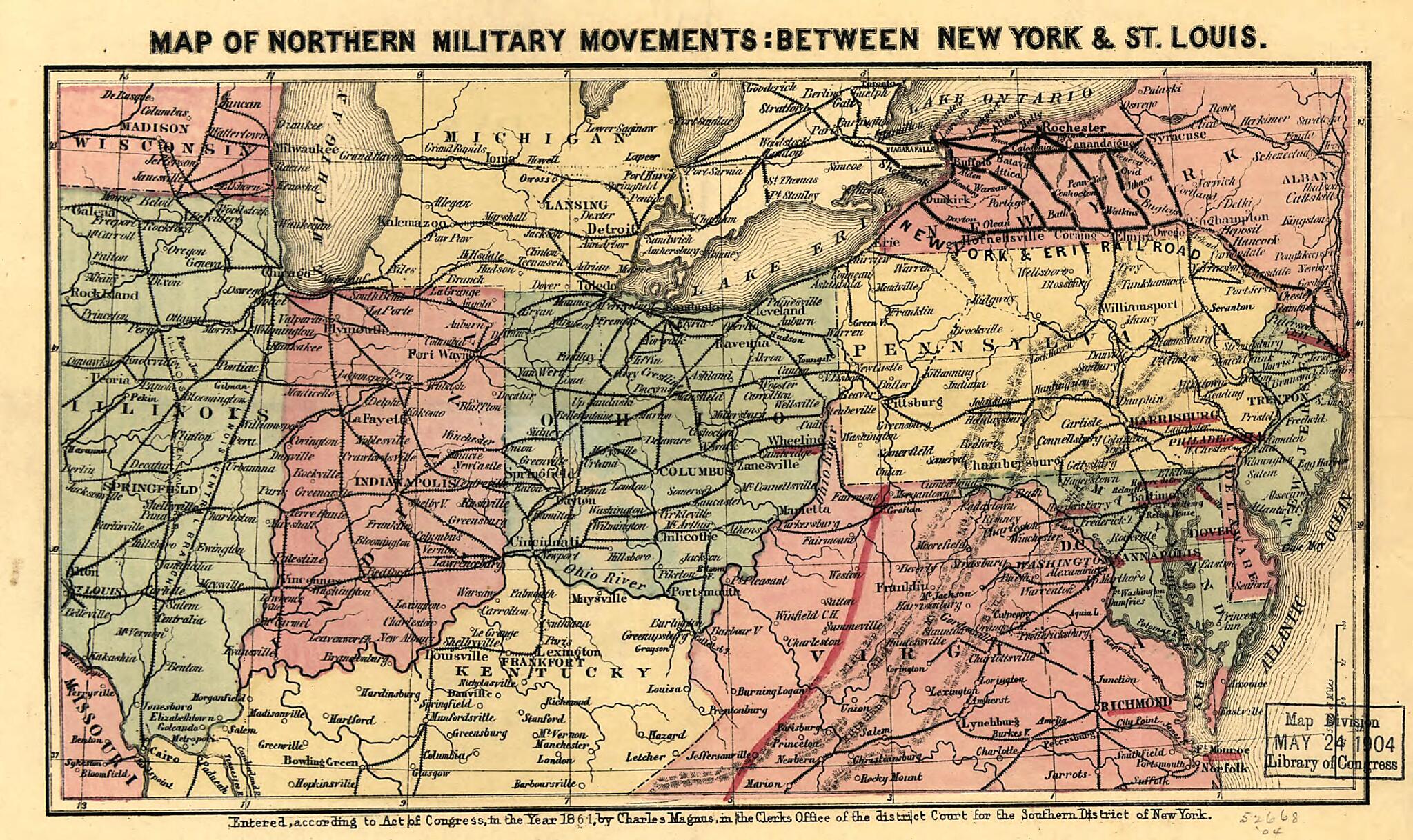 This old map of Map of Northern Military Movements: Between New York & St. Louis from 1861 was created by Charles Magnus in 1861