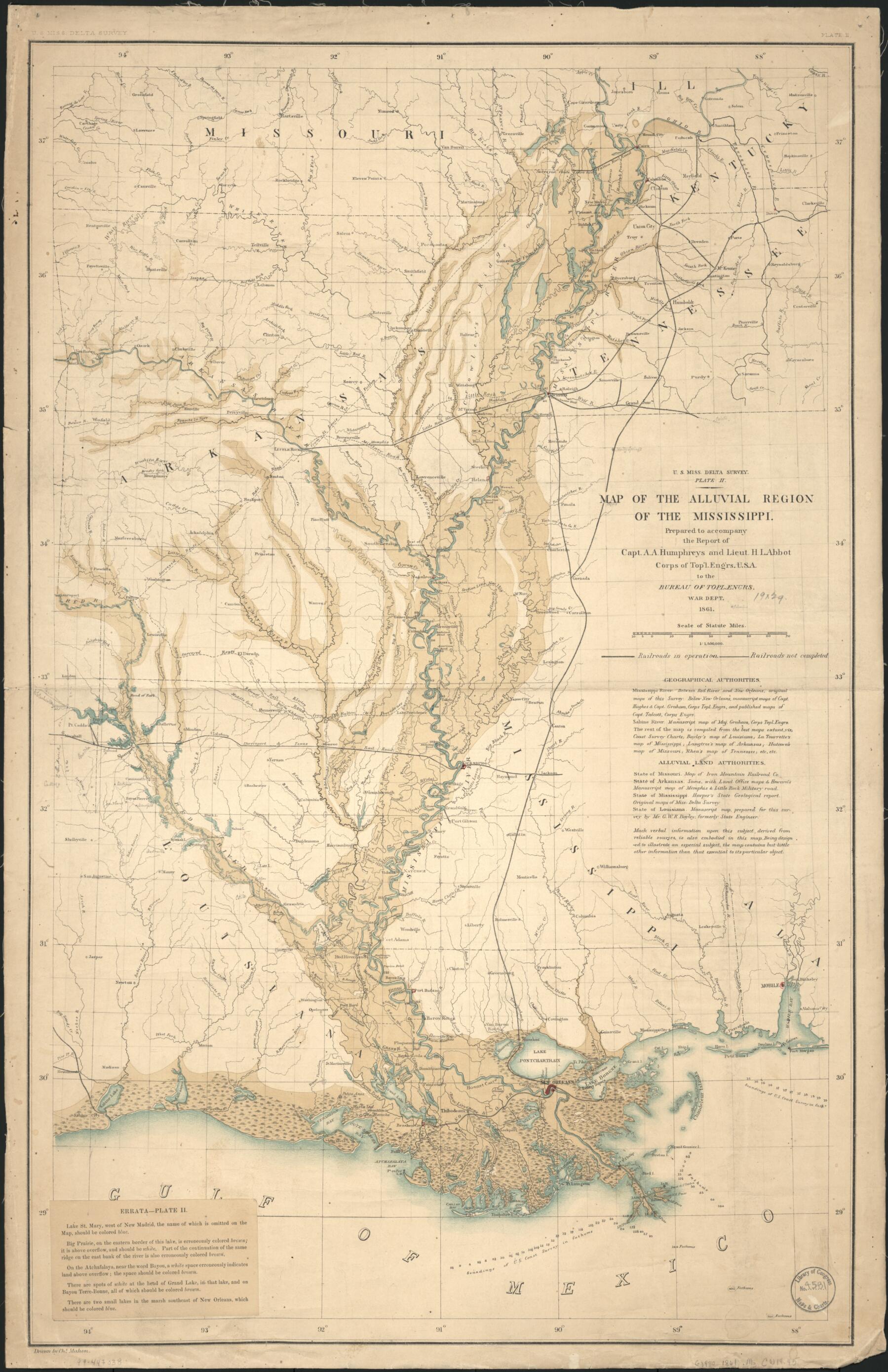 This old map of Map of the Alluvial Region of the Mississippi from 1861 was created by Charles Mahon in 1861