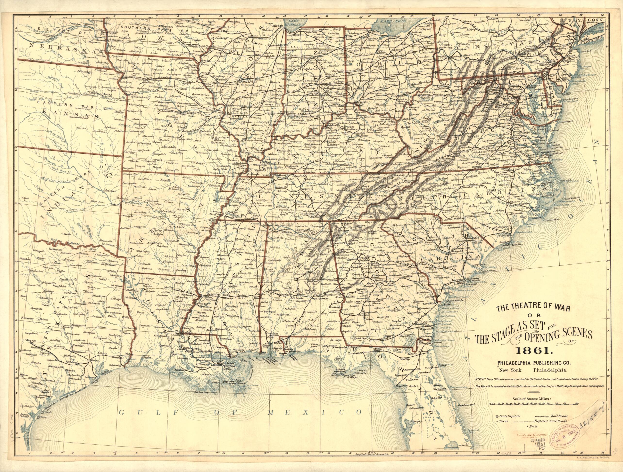 This old map of The Theatre of War Or the Stage As Set for the Opening Scenes of 1861 from 1893 was created by Philadelphia Publishing Company in 1893