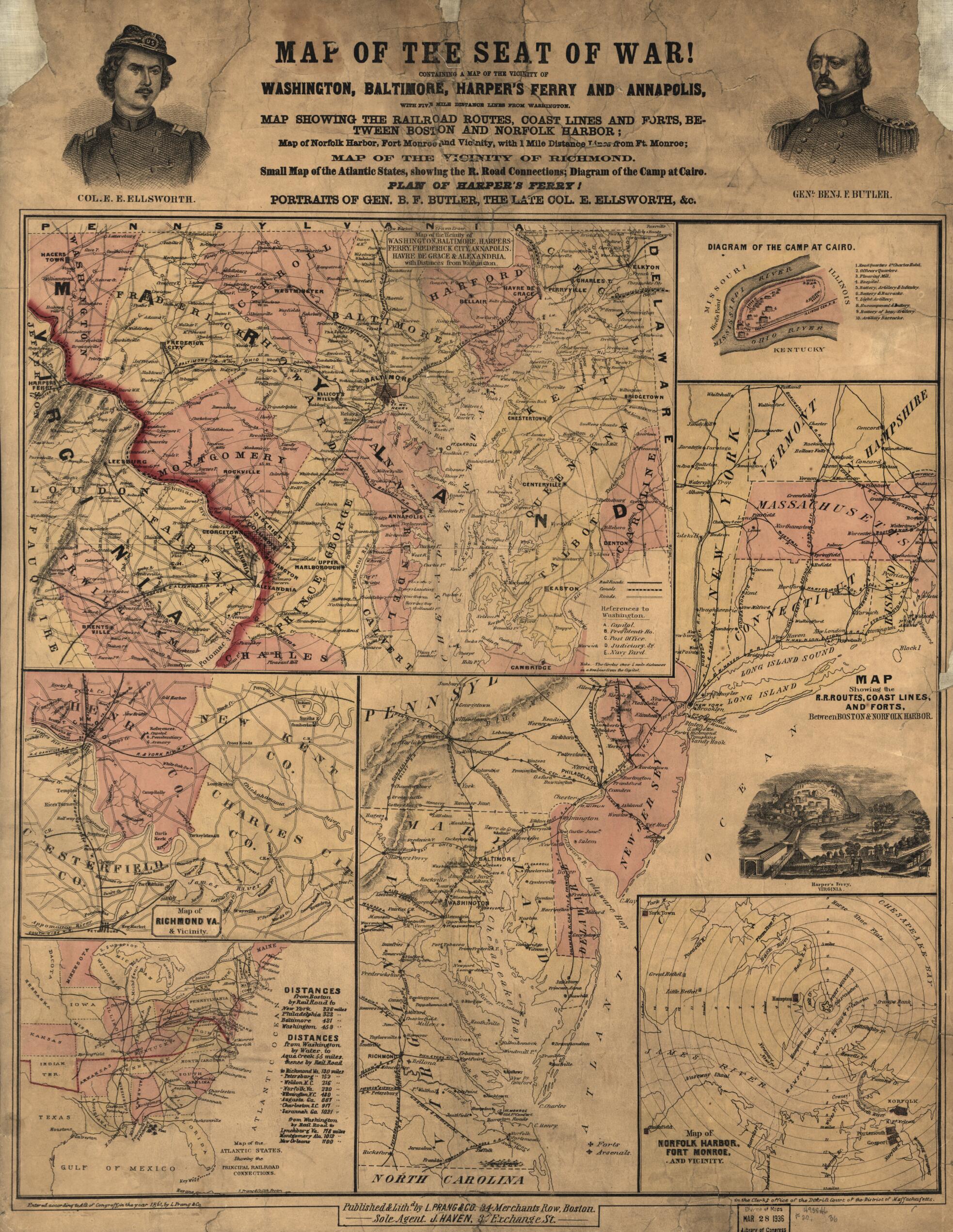 This old map of Map of the Seat of War! from 1861 was created by Louis Prang and Company in 1861
