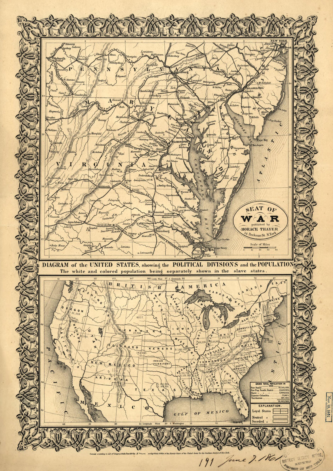 This old map of Seat of War from 1861 was created by Horace Thayer in 1861