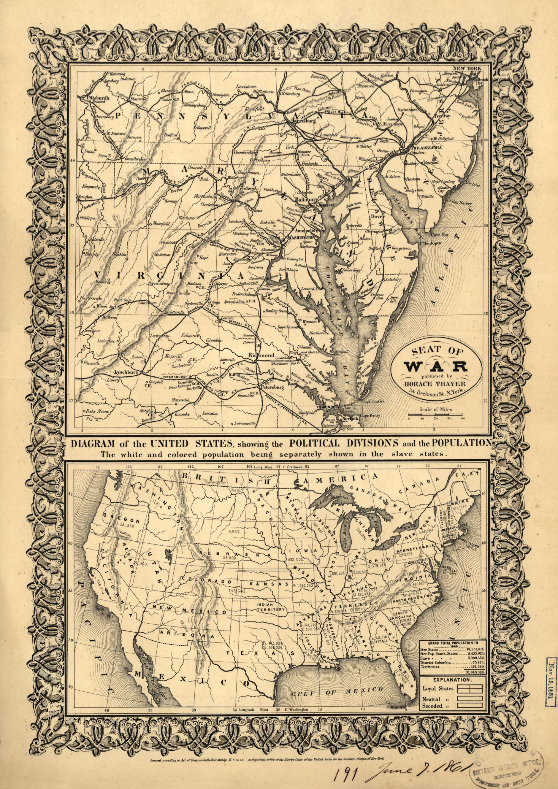 This old map of Seat of War from 1861 was created by Horace Thayer in 1861