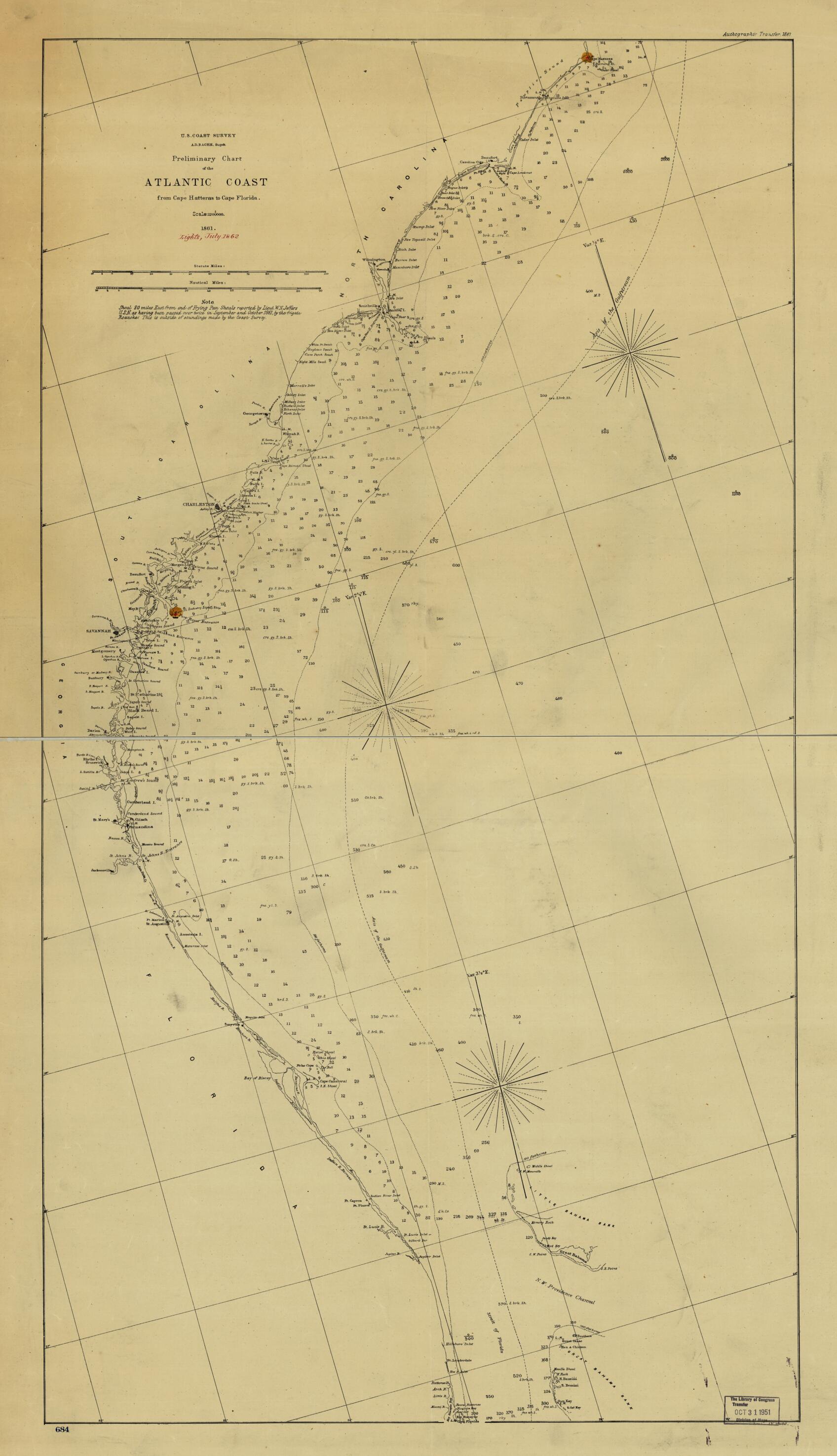 This old map of Preliminary Chart of the Atlantic Coast from Cape Hateras to Cape Florida. Autographic Transfer from 1861 was created by J. W. Maedel, United States Coast Survey in 1861