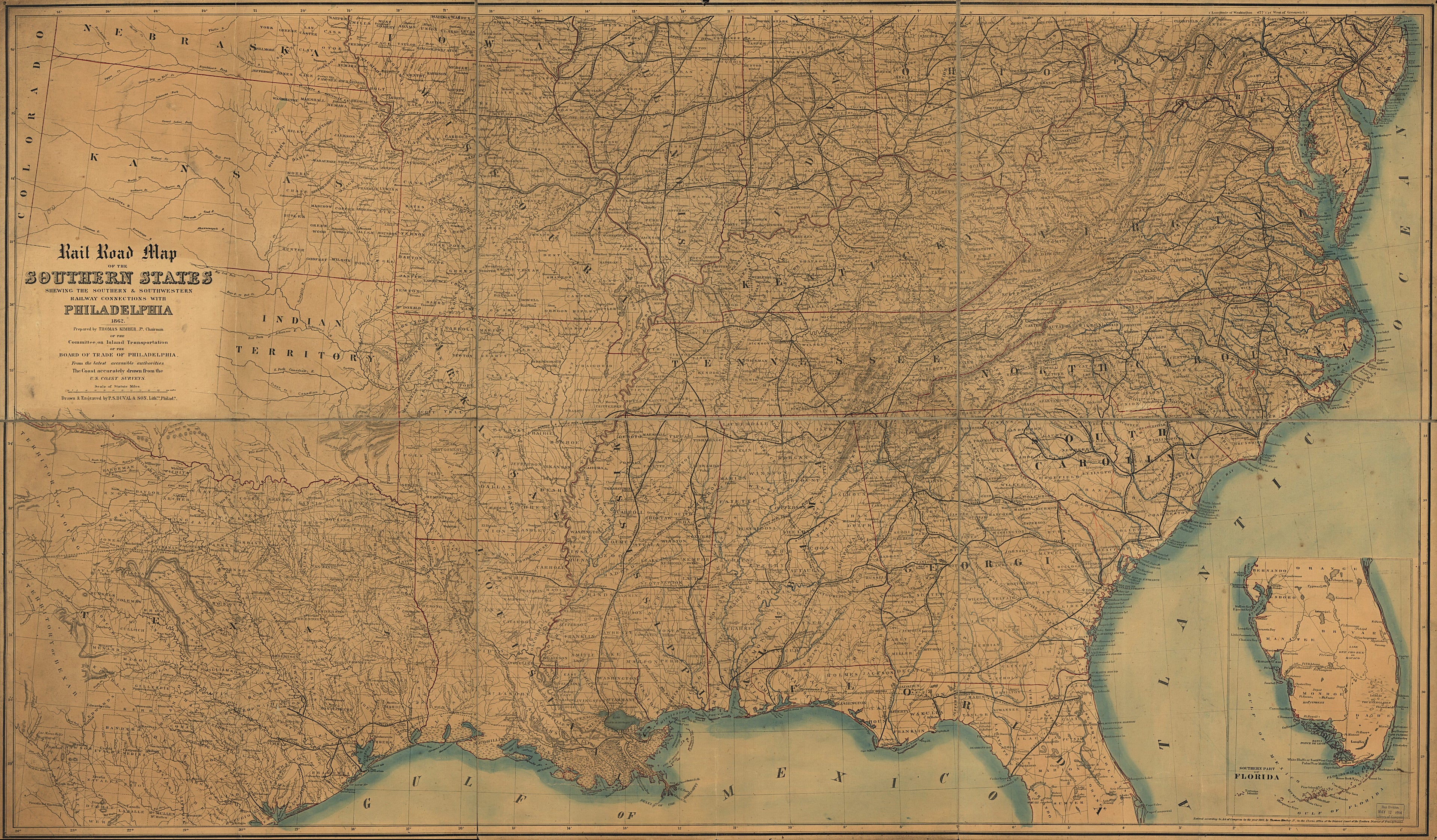This old map of Rail Road Map of the Southern States Shewing the Southern & Southwestern Railway Connections With Philadelphia from 1861 was created by Philadelphia Board of Trade. Committee on Inland Transportation in 1861