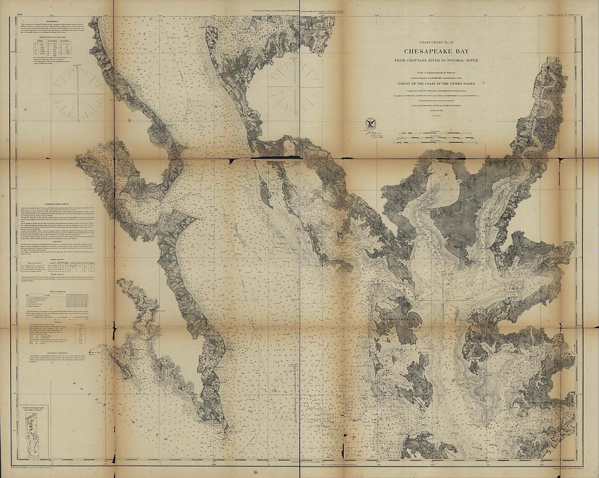 This old map of Chesapeake Bay from Its Head to Potomac River from 1861 was created by United States Coast Survey in 1861