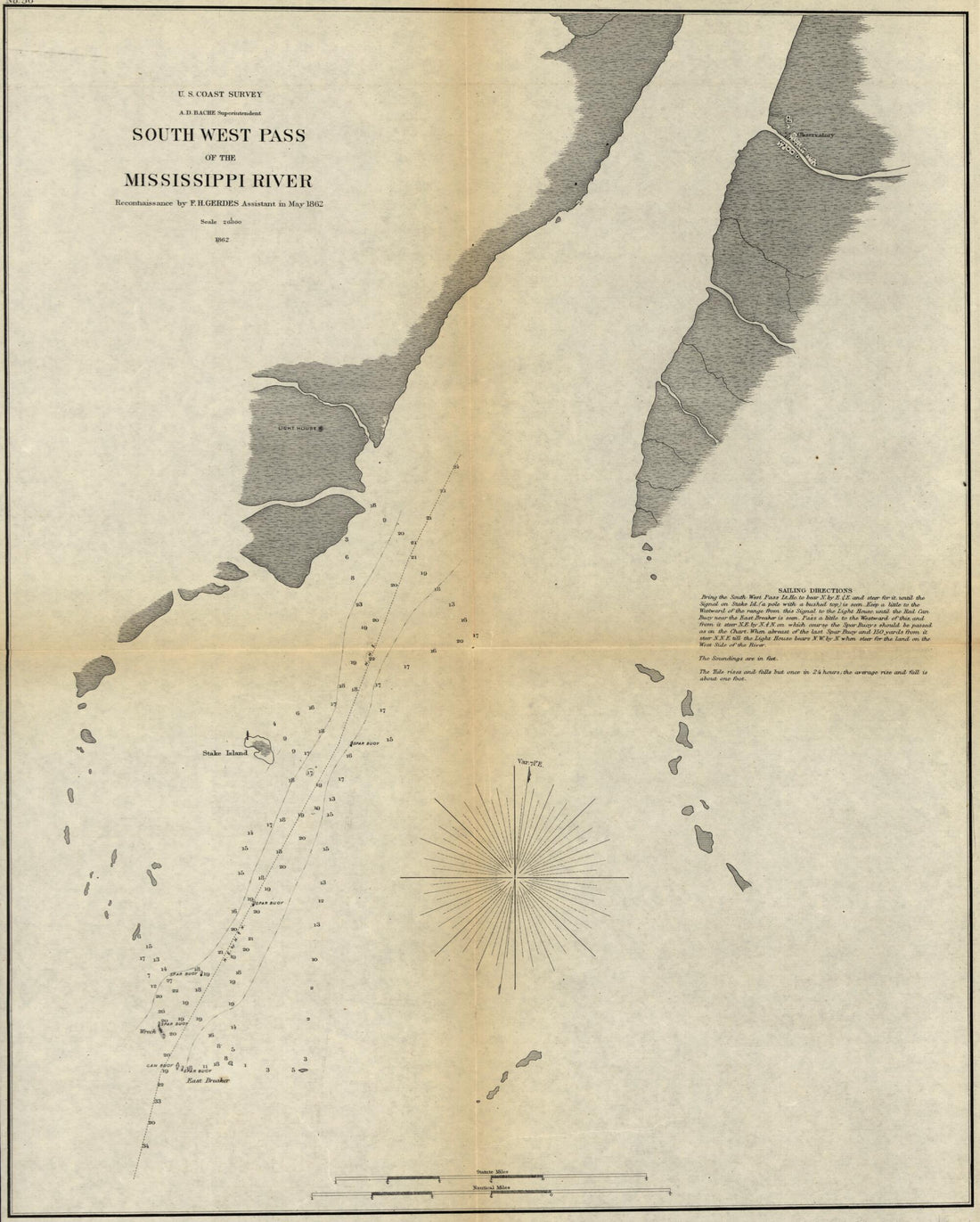 This old map of South West Pass of the Mississippi River from 1862 was created by United States Coast Survey in 1862