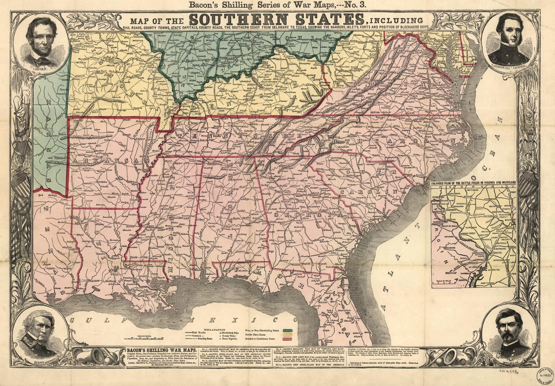 This old map of Map of the Southern States, Including Rail Roads, County Towns, State Capitals, Count Roads, the Southern Coast from Delaware to Texas, Showing the Harbors, Inlets, Forts and Position of Blockading Ships from 1863 was created by Bacon &