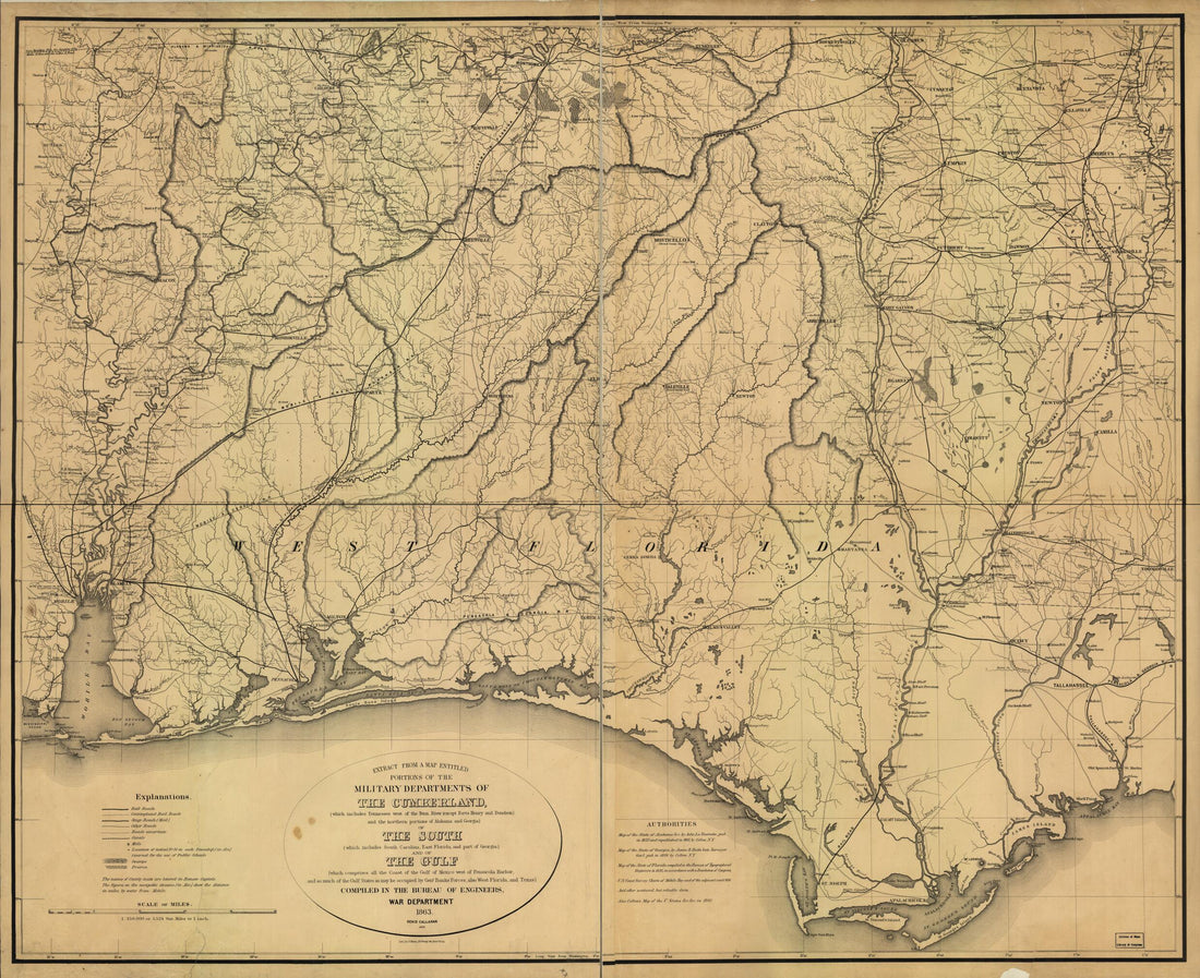 This old map of Extract from a Map Entitled Portions of the Military Departments of the Cumberland of the South and of the Gulf from 1863 was created by Denis Callahan, United States. War Department. Bureau of Engineers in 1863
