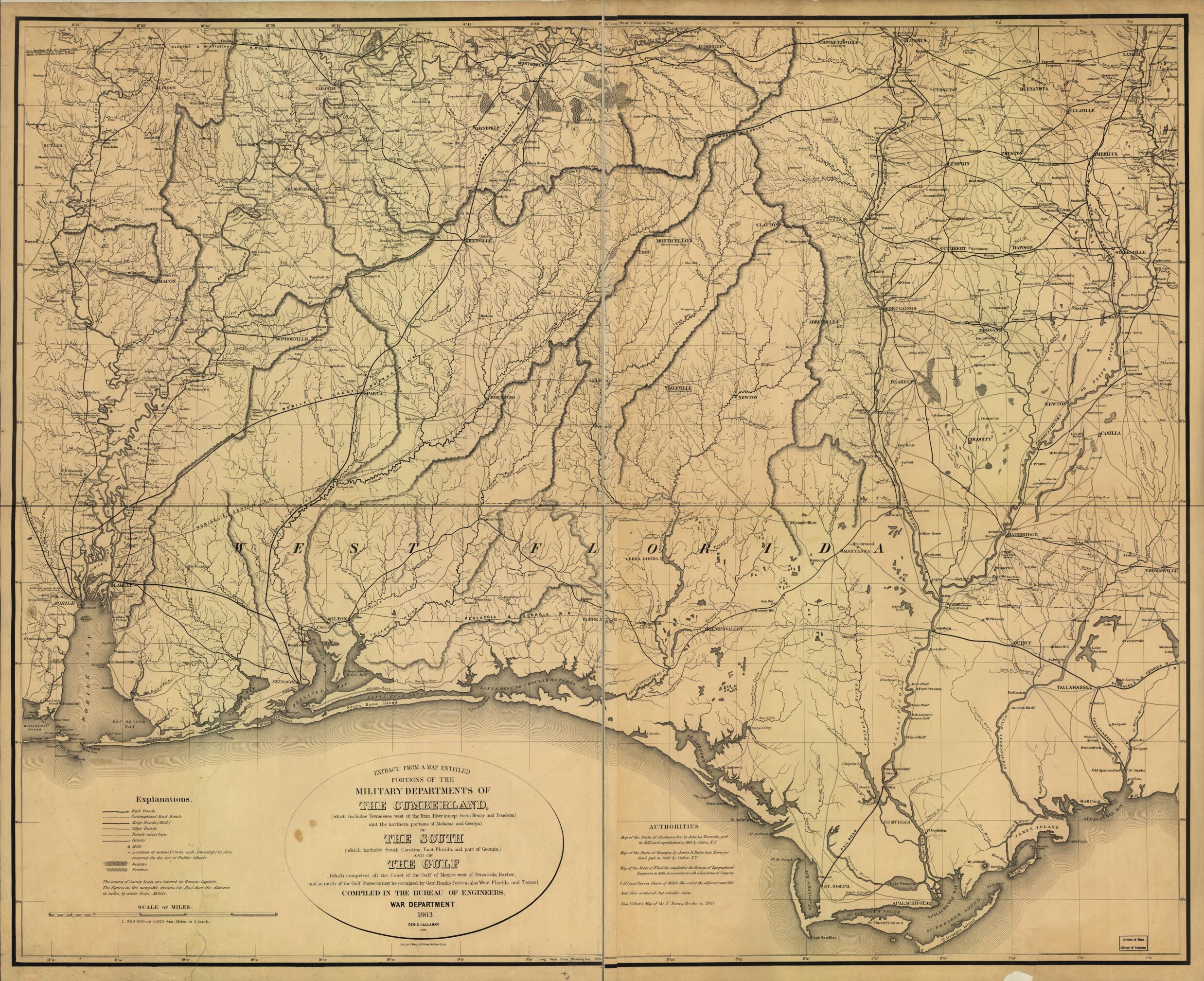 This old map of Extract from a Map Entitled Portions of the Military Departments of the Cumberland of the South and of the Gulf from 1863 was created by Denis Callahan, United States. War Department. Bureau of Engineers in 1863