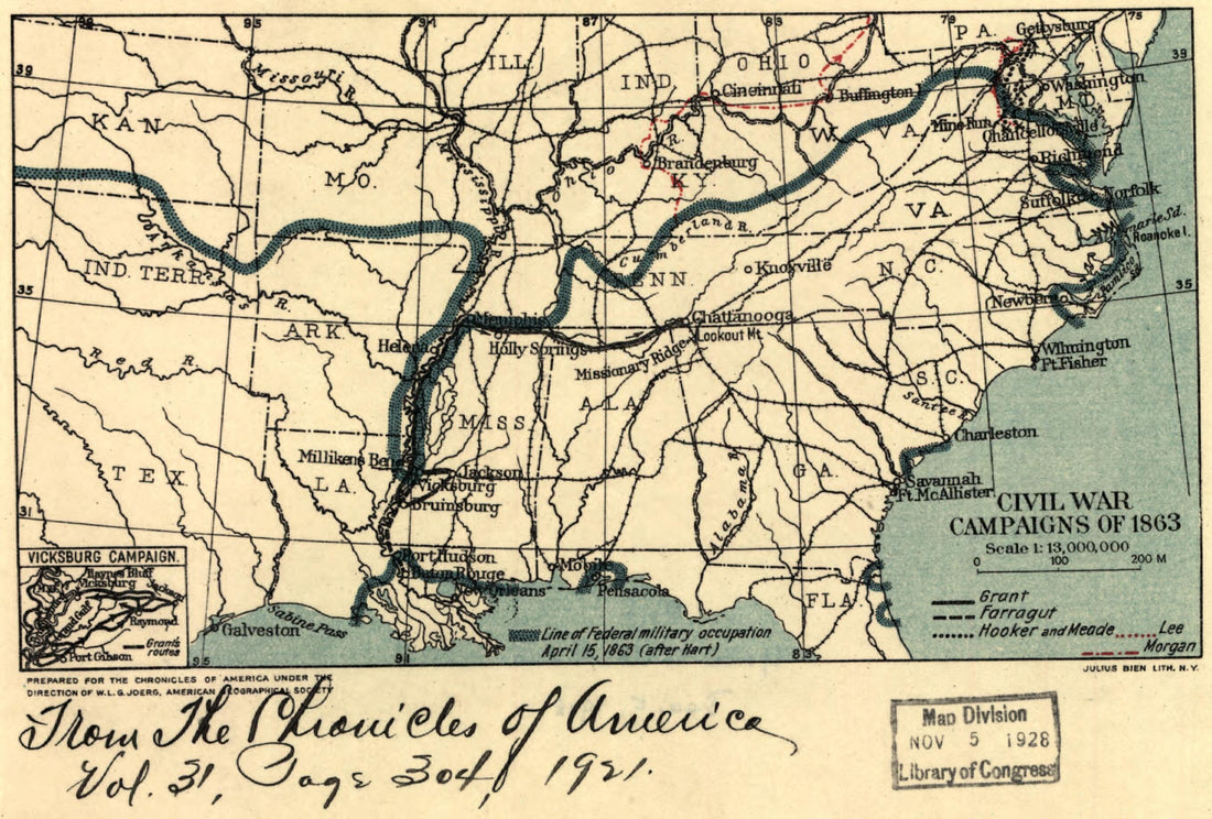 This old map of Civil War Campaigns of 1863 from 1921 was created by W. L. G. (Wolfgang Louis Gottfried) Joerg in 1921