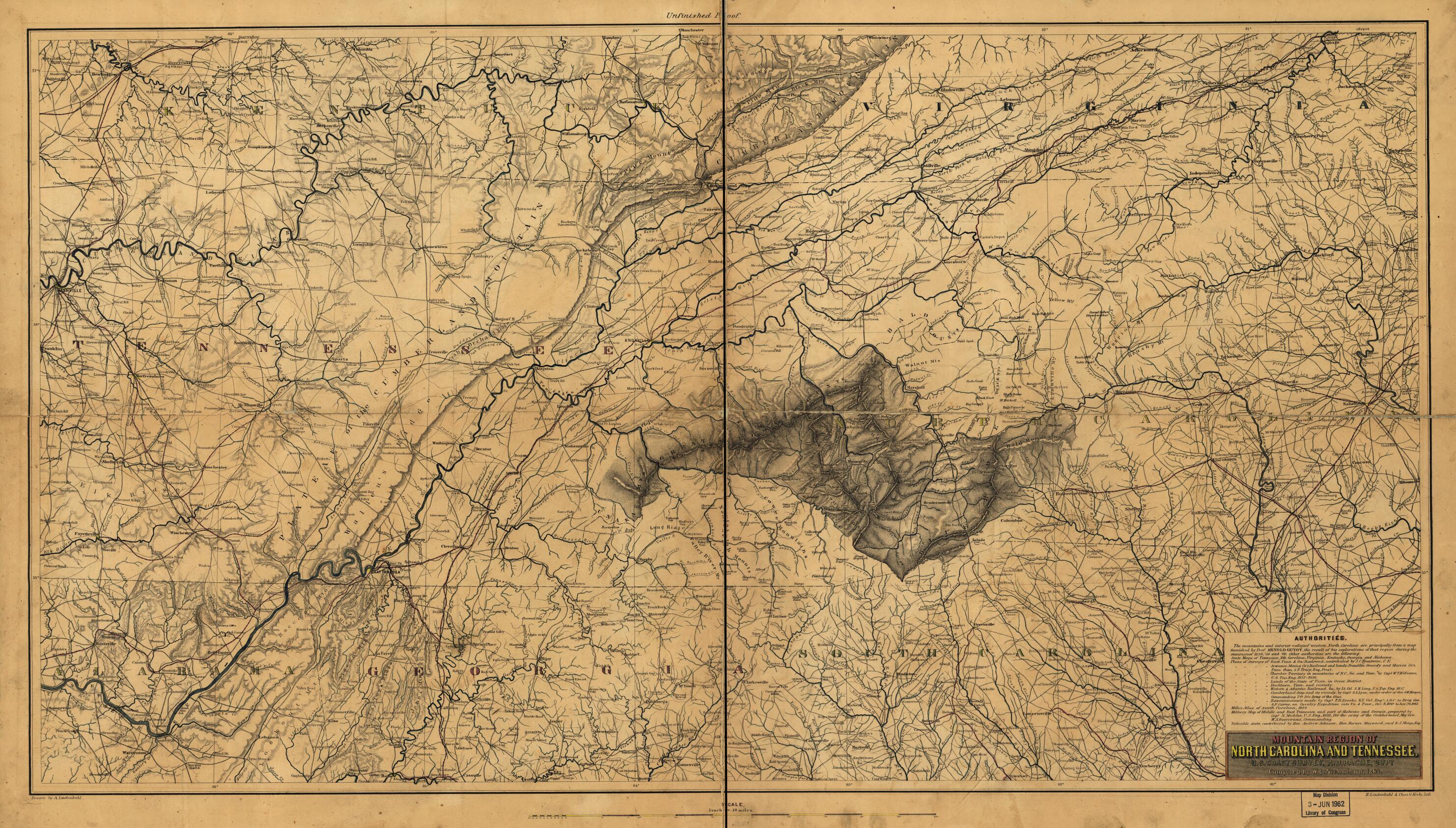 This old map of Mountain Region of North Carolina and Tennessee from 1863 was created by Joseph R. (Joseph Roswell) Hawley, Charles G. Krebs, A. Lindenkohl, H. (Henry) Lindenkohl, W. L. Nicholson, U.S. Coast and Geodetic Survey in 1863