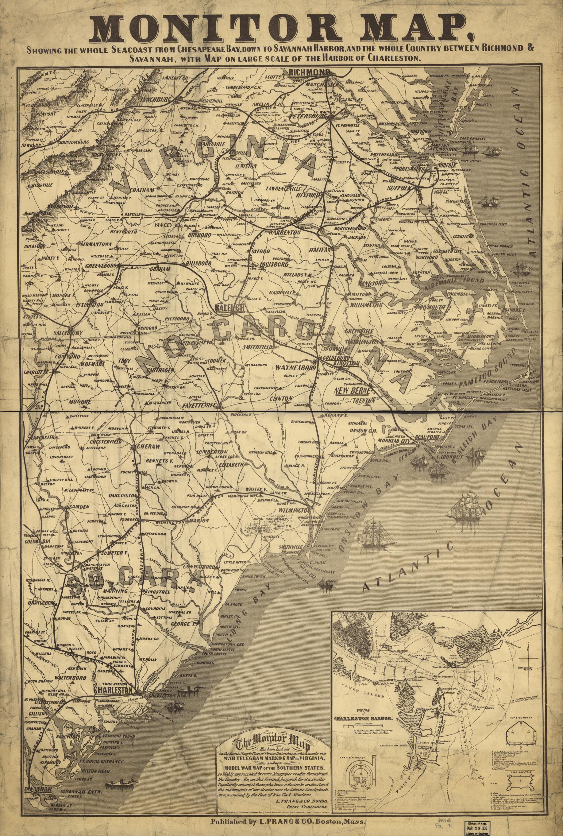 This old map of Monitor Map, Showing the Whole Seacoast from Chesapeake Bay, Down to Savannah Harbor, and the Whole Country Between Richmond & Savannah, With Map On Large Scale of the Harbor of Charleston from 1863 was created by Louis Prang and Company