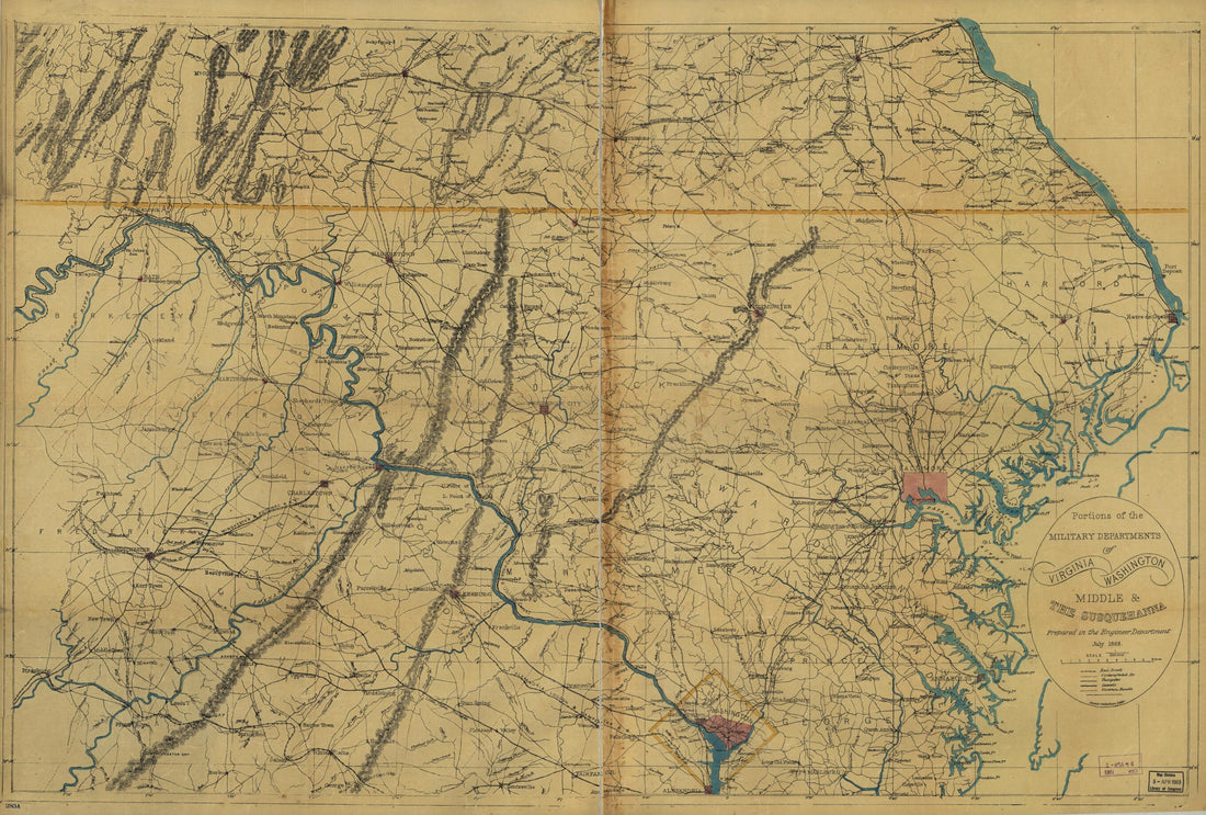 This old map of Portions of the Military Departments of Virginia, Washington, Middle & the Susquehanna from 1863 was created by Denis Callahan, United States. Army. Corps of Engineers in 1863